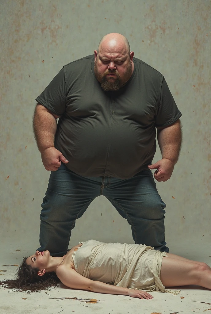 giant man, obesa, stark, lusty, hairy chest, d, holding in the palm of his hands a little man 10cm tall and scared