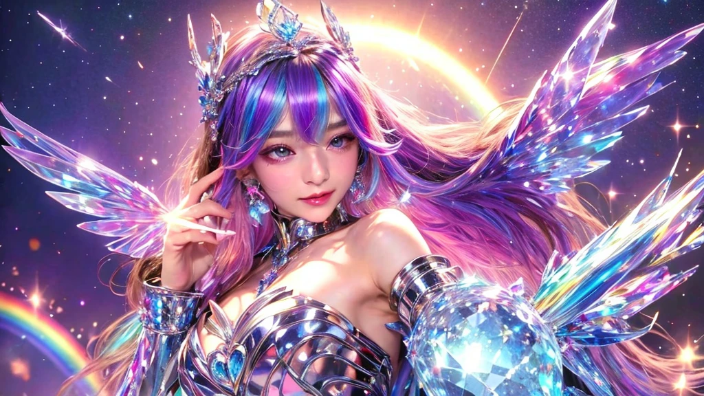 beautiful sexy model who controls poison、beautiful smile、lip-gloss、long lashes、metallic makeup、look at the camera、full body Esbian、、sparkling poisoned flower costume、、、、shiny sparkling multicolor hair、secrete poison、skull hair accessories、fishnet tights、shiny sparkling flowers background