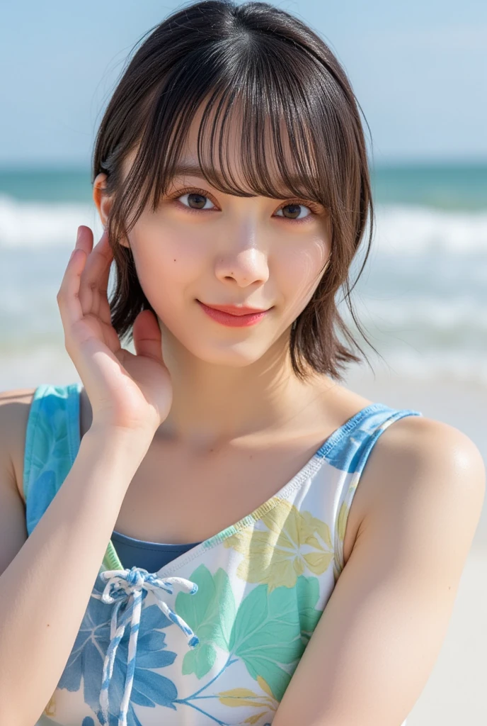 (highest quality:1.5), (((master peace))), ((photo realistic:1.55)), (detailed), Japanese, (young girl), ((broad jawline)), realistic skin,puffy face, Very dark brown hair, (short bob cut), (messy hair:1.5), earrings, necklace,(((no makeup))), Camisole dress, half smile, Skinny body, flat chest,14 Talents, (laugh out loud:1.5), Fantasy, (pool side), Sunset, wide view, from above