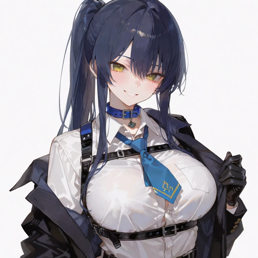 1girl, (black dark blue hair), split-color hair, yellow eyes, long hair, ((messy hair)), bare hip, open black jacket, large breasts, belts around the bra,