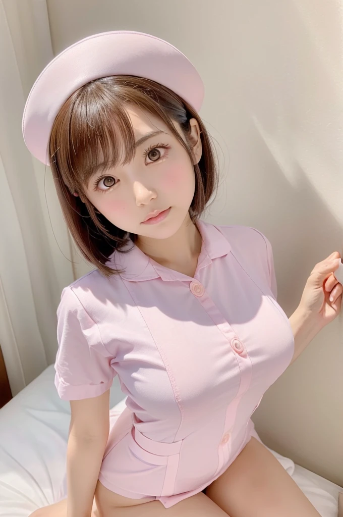 Highest quality、masterpiece、8k、Very detailed、Realistic、(One girl)、(Looking at me with a smile:1.5)、whole body、Black Hair、Small face、(Slender:1.2)、(Big Breasts:1.2)、(Pink tight-fitting nurse uniform with buttons and collar:1.2)
