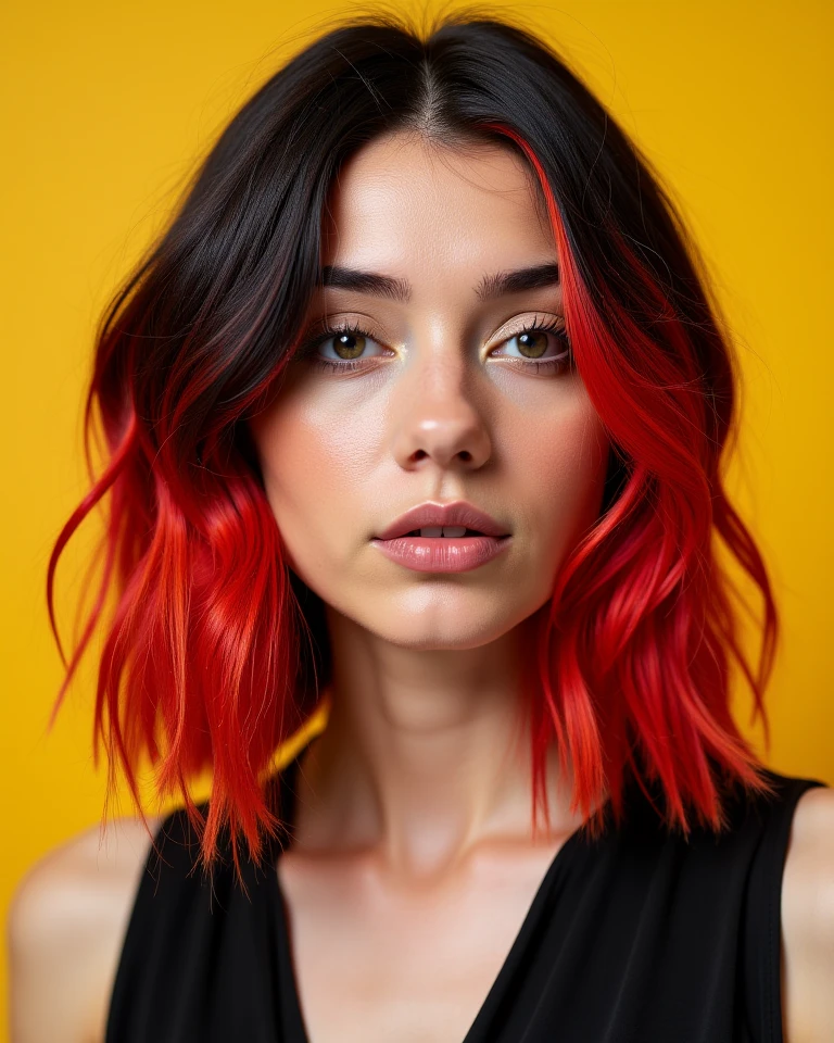 23-year-old European woman, with red and orange hair with shoulder-length black shades in a splash of bright colors
