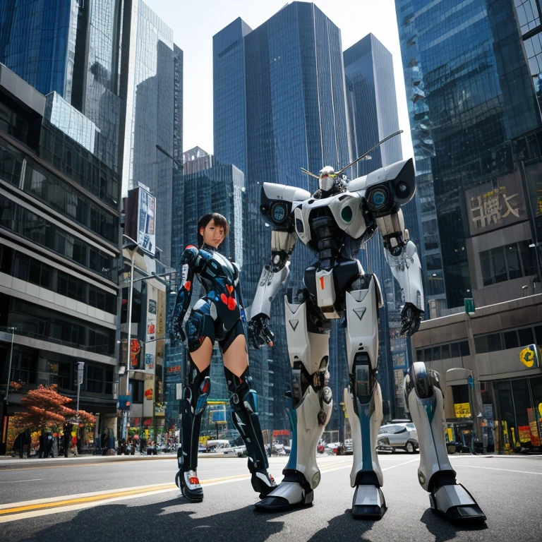anime girl in short shorts and jacket standing next to giant robot, artwork in the style of guweiz, cyberpunk anime girl mech, trending on cgstation, guweiz, by Russell Dongjun Lu, digital cyberpunk anime art, ross tran 8 k, guweiz on artstation pixiv, girl in mecha cyber armor