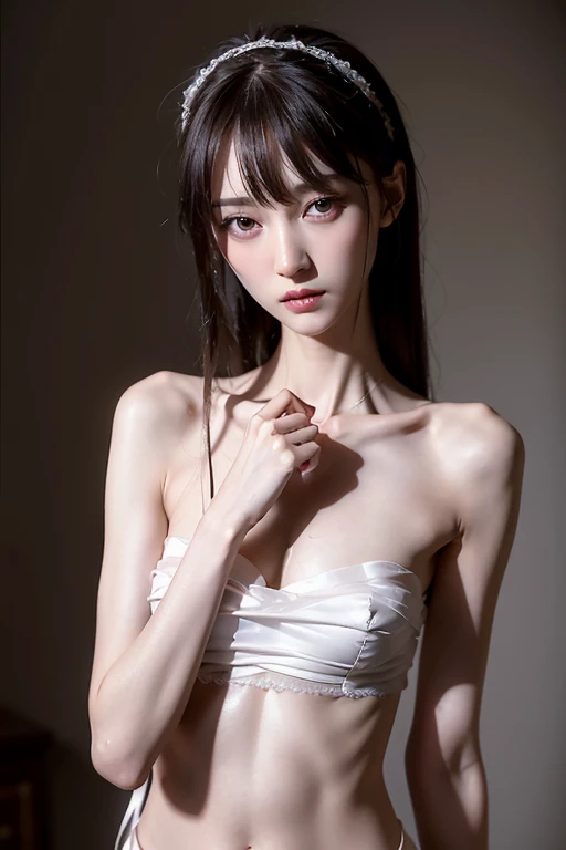 a very thin woman with visible bones, pale white skin, sweaty body, full body view , perfect body slim , sweaty weat body, wearing panties , bra , has a mental breakdown in underground prison 