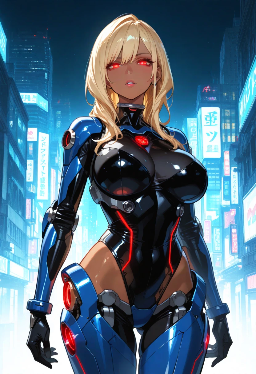 (best quality,ultra-detailed,realistic:1.37),woman cyborg,red eyes,evil,anime,huge ,sleek metallic body,expressionless face,glowing circuits,enormous energy blade,mechanical limbs,dystopian city backdrop,neon lights reflection,dark and ominous atmosphere