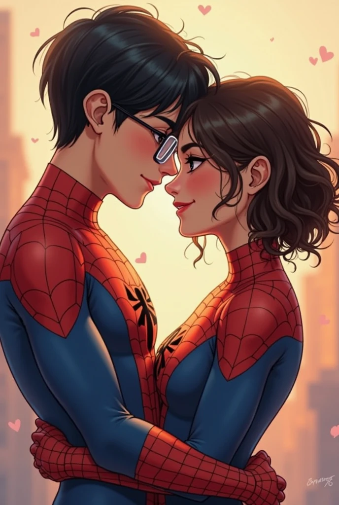 Couple love, Spiderman wearing a mask next to a 20-year-old girl, Medium hair girl, dark brown curly hair, Brown eyes, medium chest, happy, He is wearing a Spiderman costume. Best Quality, High resolution, extremely detailed, detailed background, perfect lighting. 2D anime animation
