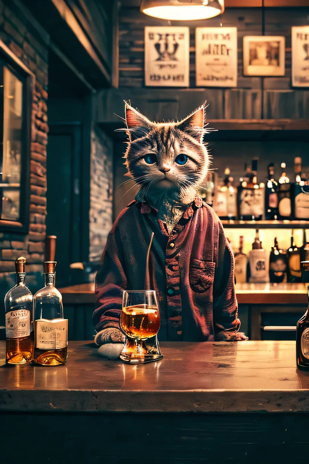 cat is drinking whiskey straight at the bar counter、Various kinds of bottles are lined up on the counter