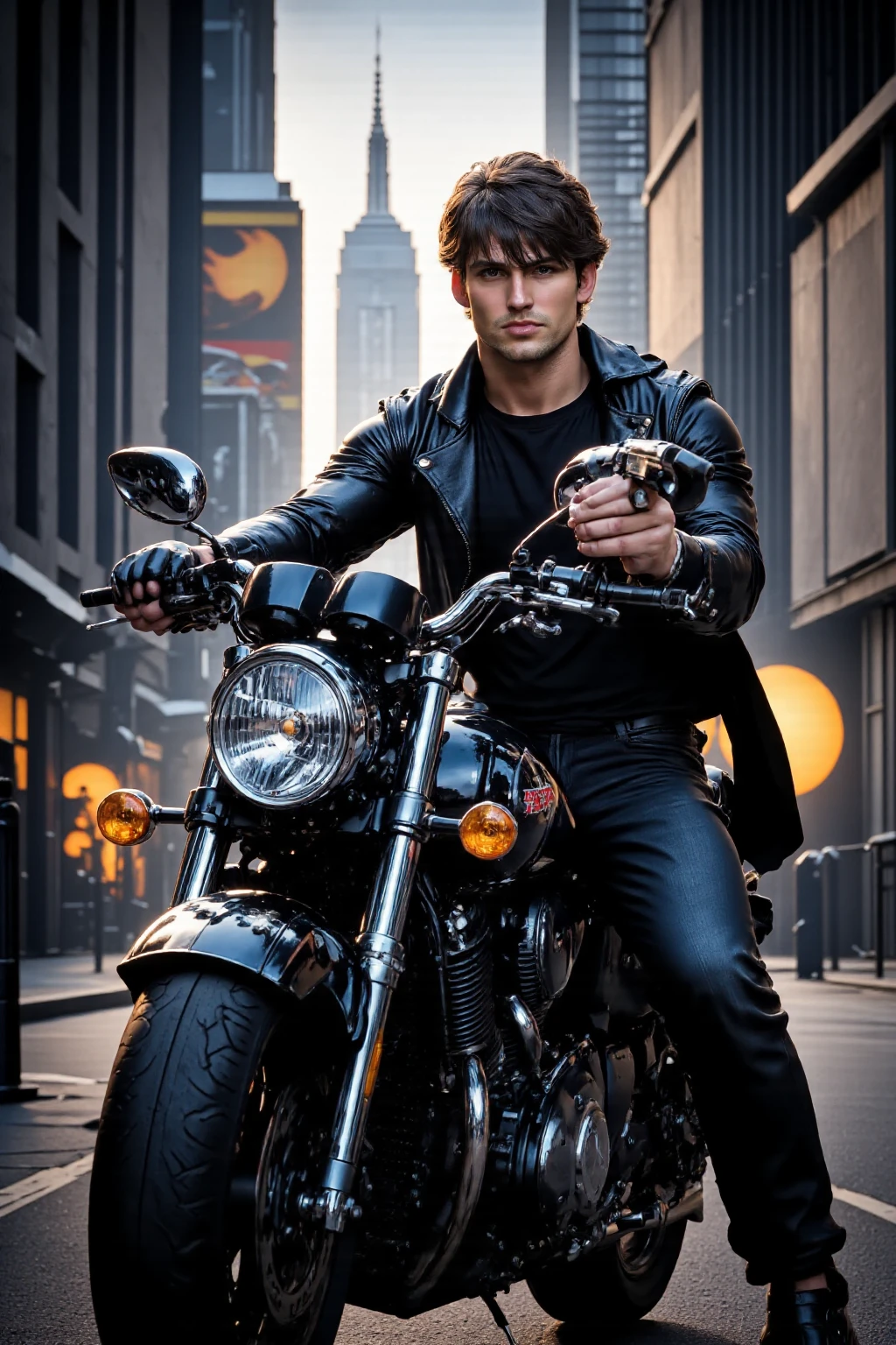 He rides an American motorcycle and holds a gun in his hand,A young man in his late 20s ,high resolution, look, High Details, Very Detailed,  cinematography, super detailed, Reality, 