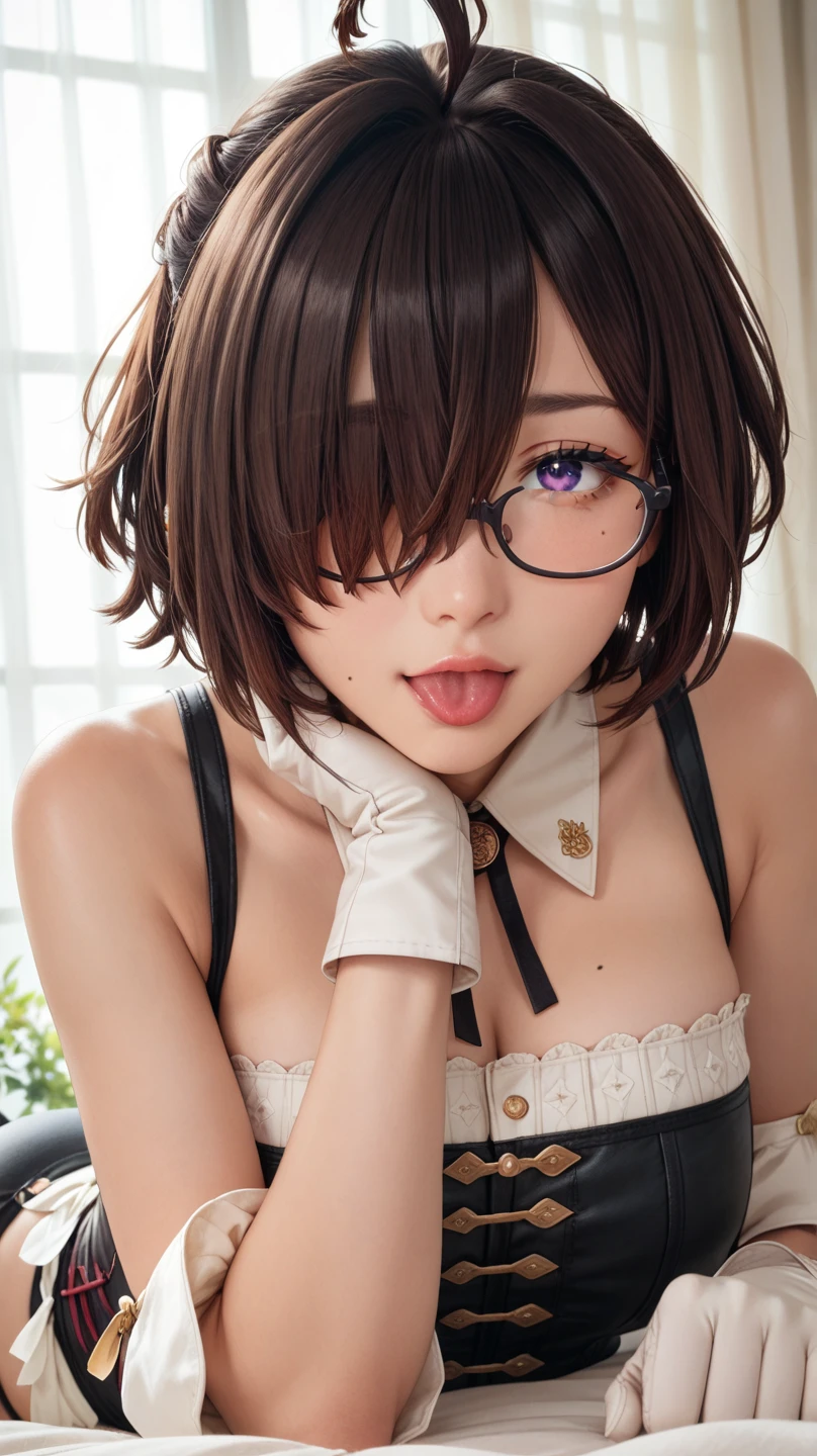 ((Bra is visible.))Angle from below、Short Hair Girl、Gray Hair、Glasses