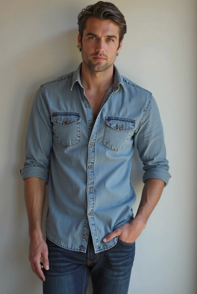 high fashion photography of a curvy man as a ((baker)) with ((wavy hair)) wearing (retro 80s clothes),dressed in denim jumpsuit,blue color,zipper front,sleeveless,modern room,large window,green plant,white sofa,coffee table,beige pillows,gray walls,standing upright,hand on jacket,confident stance,close-up shot,low camera angle,shallow depth of field,in a library where books sprout legs and share their tales,recessed lighting,(hero view:1.3),shot on Sony A6400 with Sony E 35mm f-1.8 OSS,photo by Nobuyoshi Araki
