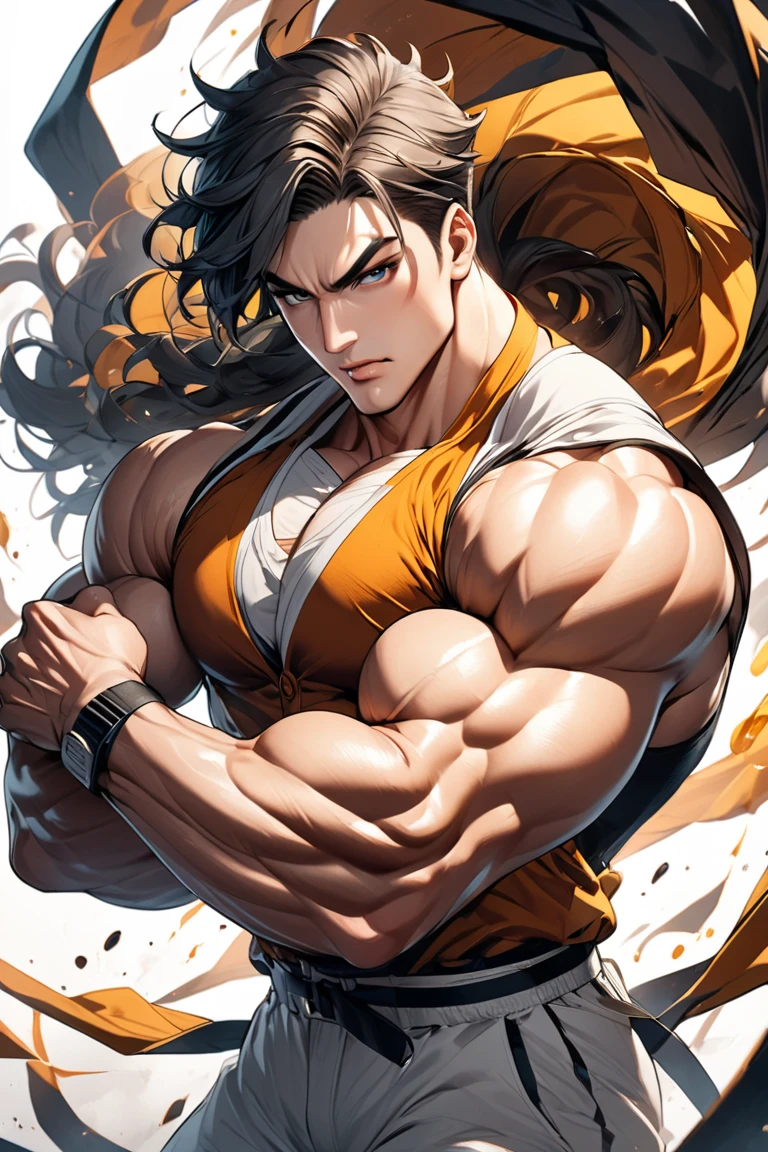 chico anime con un cuerpo musculoso y una camisa ajustada puesta, muscular!!, muscular character, Estilo baki, muscular! Blanco, muscular!!!, muscular!, Super buff y cool, musculatura, big biceps, muscular!! Science-Fiction, muscular characters, Hermosa pose de anime, fuerte e imponente, pose fuerte, Baki el garfio, Arte de anime limpio y detallado, large musculatura
