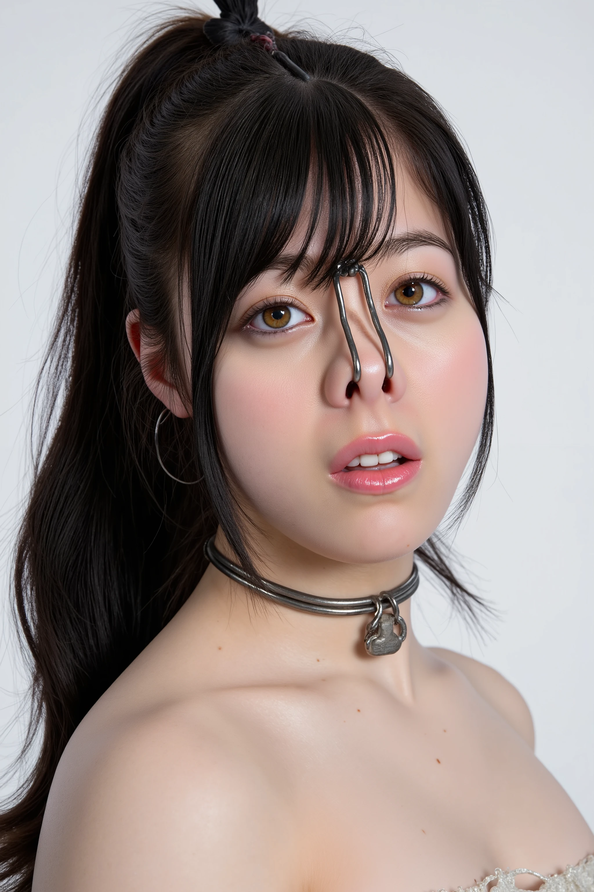 A high resolution photograph of a Japanese adult woman, masterpiece, photo-realistic, natural lighting, film grain, portrait, fashion shoot, solo, 1girl, off-shoulder dress, black hair with bangs, detailed face, detailed eyes, sophisticated nose, pale skin, fine-textured skin, full smile, dimple on cheek, (pet-collar with tag, nose hook with chain wrapped around top of her head, nose hook makes her nose look like a pig snout, hooking in her nostrils:1.5), (profile, side view, view from below, facing up, chin-up, face focus:1.4), close-up of face, simple background,,