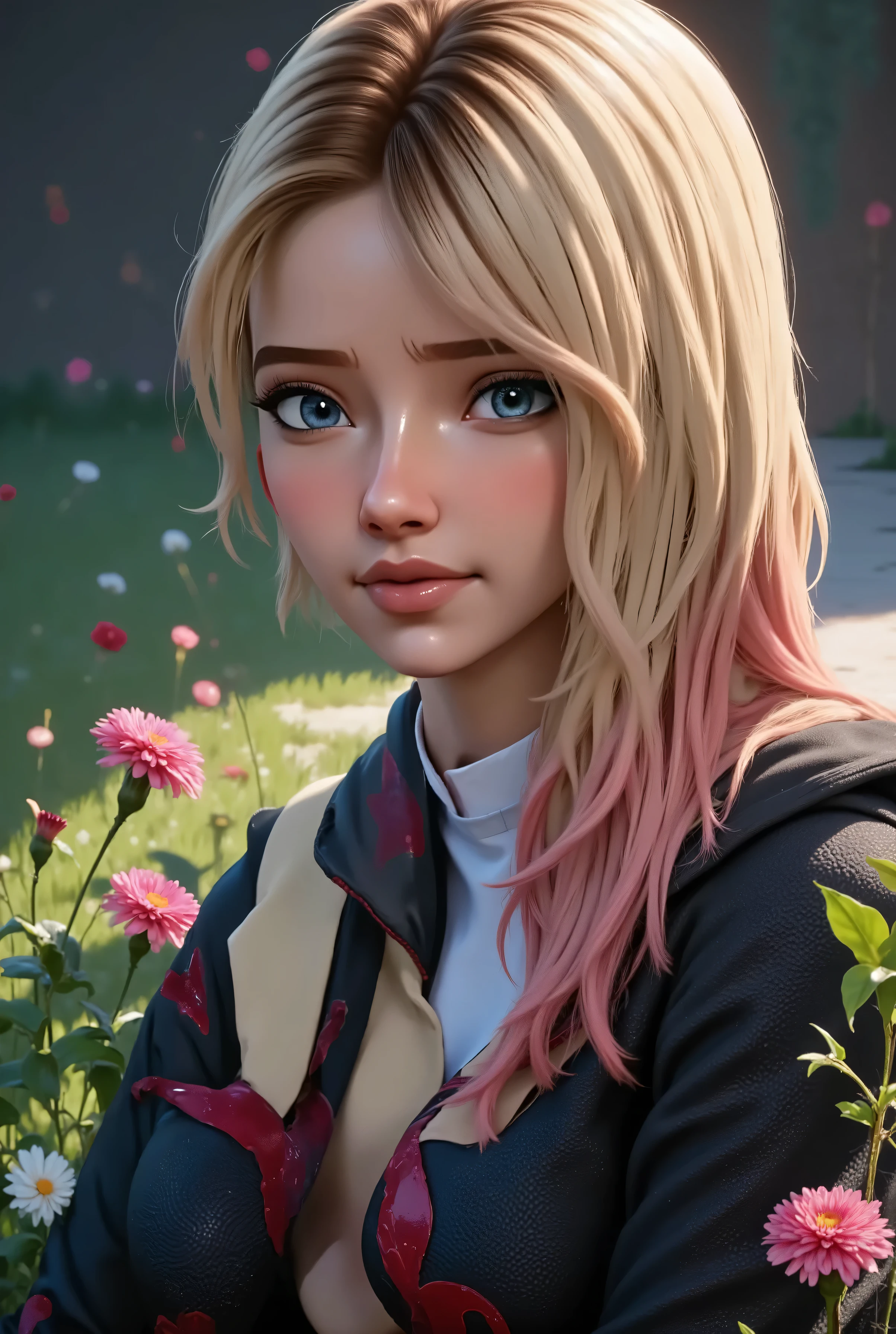 Ultra-detailed 4K close-up portrait of Gwen Stacy in her Spider-Woman suit, sitting in a tranquil garden bathed in golden sunlight, soft breeze moving strands of her blonde hair, mask pulled up to her nose, gentle smile on her lips, eyes filled with calm and emotion. Cherry blossoms or wildflowers bloom around her, petals drifting through the air. Dappled sunlight plays on her face and suit, background softly blurred with lush greens and floral tones. Semi-realistic digital painting, emotional and romantic atmosphere, dreamy lighting, soft shadows, trending on ArtStation, inspired by Sakimichan.