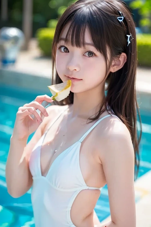 Cute Japan Beauty、White one piece swimsuit、Crucified、Crying face