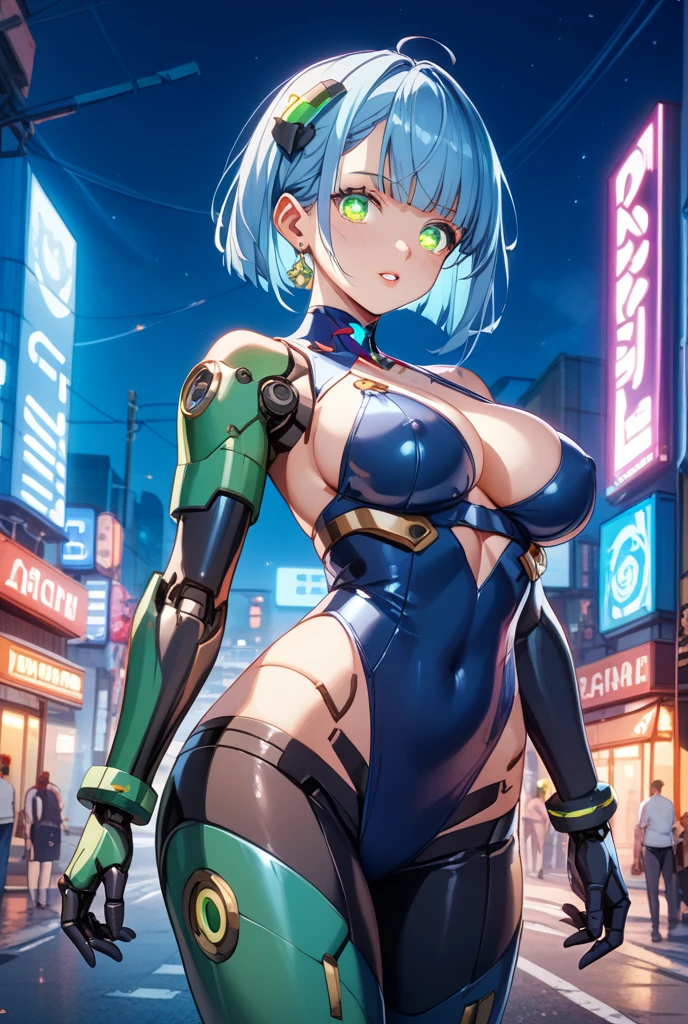 <lora:Bluerose_Fullbody-10:0.7>outdoor,street,Masterpeace,high quality,Blue_Rose, 1girl, solo, short hair, blue eyes, thighhighs,hat, cleavage, bare shoulders, jewelry, medium breasts, blue hair, full body, boots, elbow gloves, high heels, makeup, thigh boots, lipstick, superhero, blue lips,sitting,crossed legs