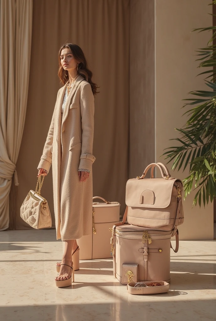 full body shot, 70s, supermodel, calm pose, college girl, wearing a fluffy white coat, beige minidress, and knee-high beige boots, brown sunglasses, gold necklaces, , long black hair, stepping out of a luxury hotel lobby entrance, carrying a Louis Vuitton luggage, high quality images, unreal engine, perfect skin texture, goddess face, photo depth of field, shadows, grainy, seductive analog lofi (by Oleg Oprisco Laura Makabresku),