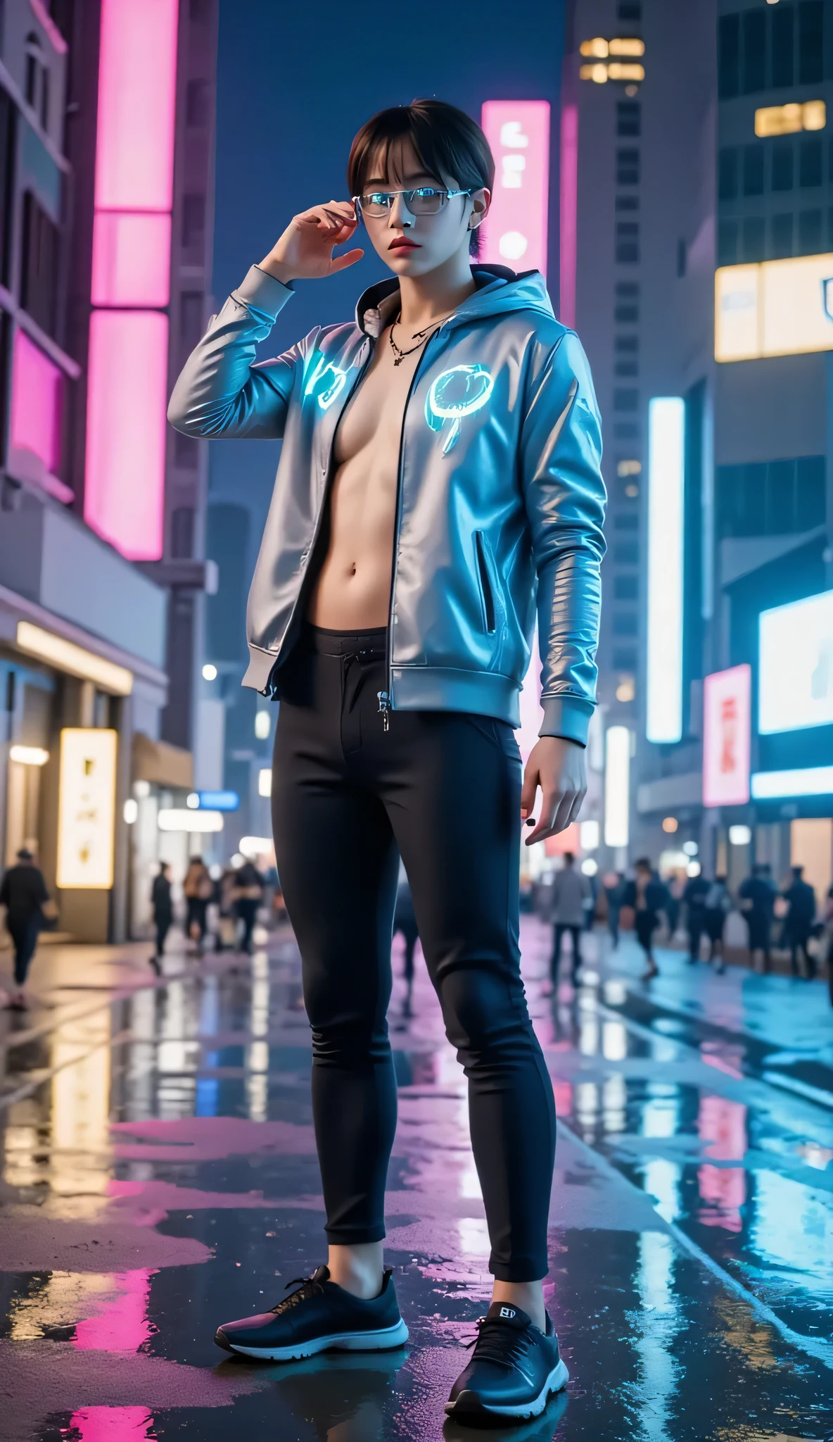 A stunning male model showcasing cutting-edge cyberpunk streetwear in a neon-lit metropolis at night. His outfit features:*
- **High-Tech Jacket:** Slim-fit, metallic silver with glowing blue circuit-like patterns that pulse with energy. Detachable hood with built-in AR visor.
- **Smart Pants:** Black, liquid-like fabric that shifts texture under movement, reinforced with carbon-fiber knee pads.
- **Footwear:** Gravity-defying sneakers with holographic soles and auto-lacing tech.
- **Accessories:** LED face mask displaying digital glitch art, fingerless gloves with touchscreen capabilities, and a sleek cybernetic arm sleeve with exposed circuitry.
**Scene & Atmosphere:**
- **Location:** A rainy Tokyo-inspired cityscape with towering skyscrapers, holographic billboards, and floating drones.
- **Lighting:** Neon signs (pink, cyan, and purple) reflect off wet pavement, casting dramatic shadows.
- **Pose:** The model stands confidently, one hand adjusting his visor, the other emitting a faint holographic UI projection.
**Style & Details:**
- **Hyper-realistic, 8K resolution** with cinematic lighting.
- **Inspired by:** *"Blade Runner 2049"* meets *"Dior Men’s futuristic collections"*.
- **Color Palette:** Moody blues, electric purples, and chrome accents.
