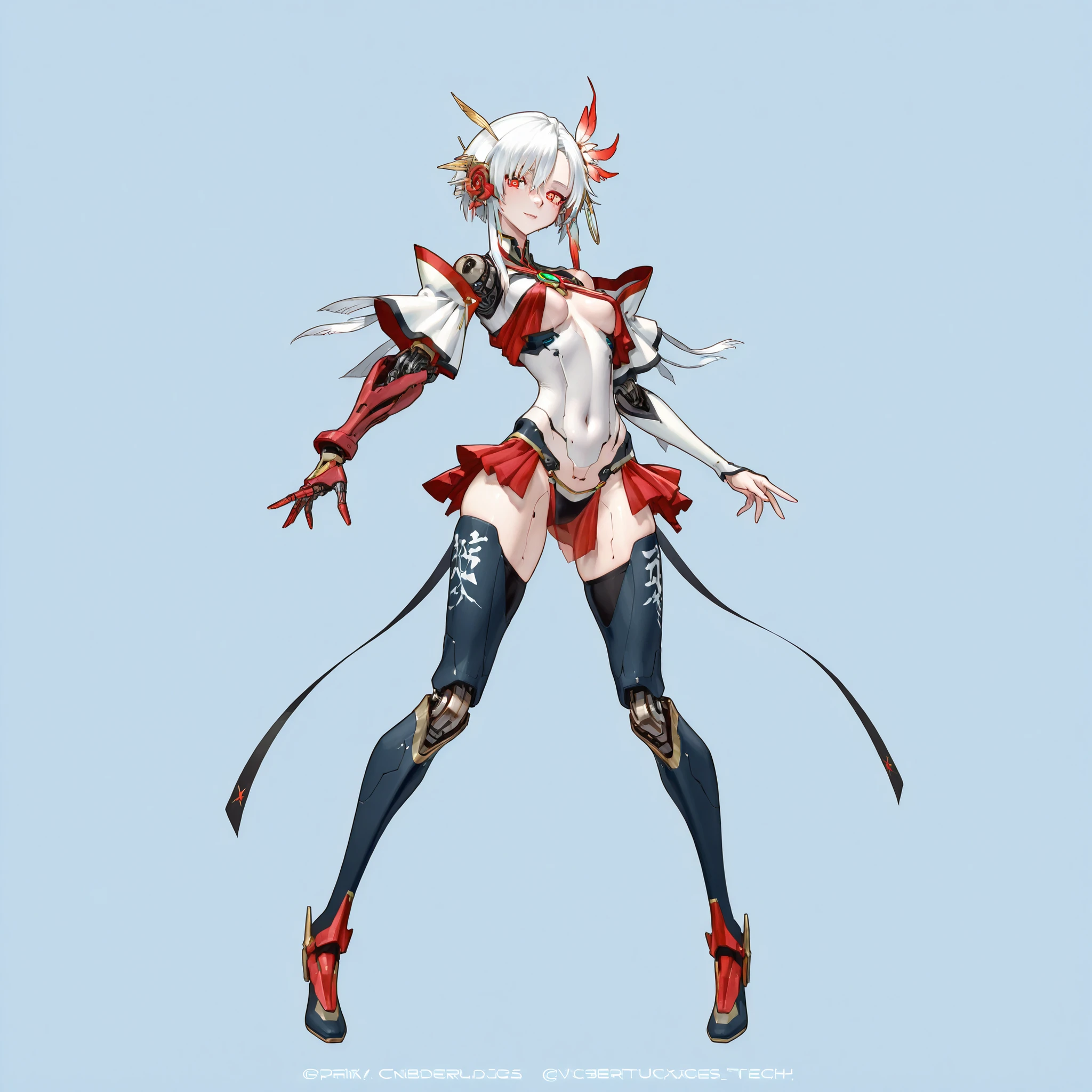 Create a futuristic character design of a female humanoid android with a sleek, glossy white body featuring intricate mechanical details and many red leds on body. Big breast, slim waist, big butts, full body, The android has short, white hair and an enigmatic smile. The outfit includes a mix of solid and flowing fabrics, incorporating soft, translucent elements that flow gracefully around the figure. Background is the cyberpunk street. Aim for a high-tech, cybernetic aesthetic with a blend of elegance and intrigue