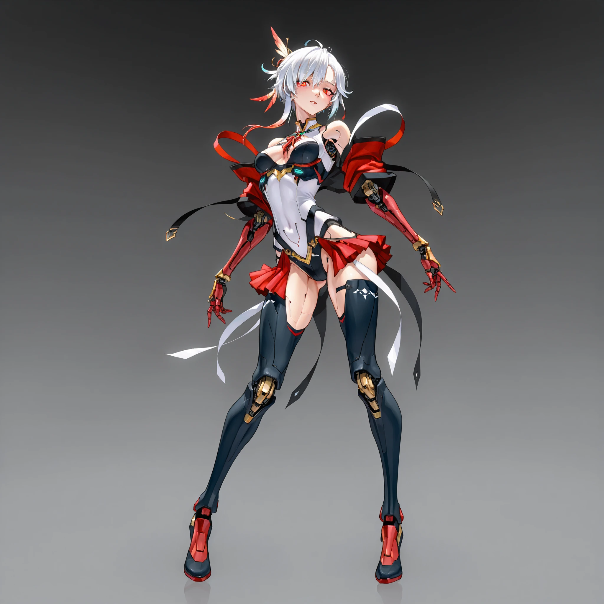 Create a futuristic character design of a female  humanoid android with a sleek, glossy white body featuring intricate mechanical details and many red leds on body. Big breast, slim waist, big butts, full body, The android has short, white hair and an enigmatic smile. The outfit includes a mix of solid and flowing fabrics, incorporating soft, translucent elements that flow gracefully around the figure. Background is the cyberpunk street. Aim for a high-tech, cybernetic aesthetic with a blend of elegance and intrigue