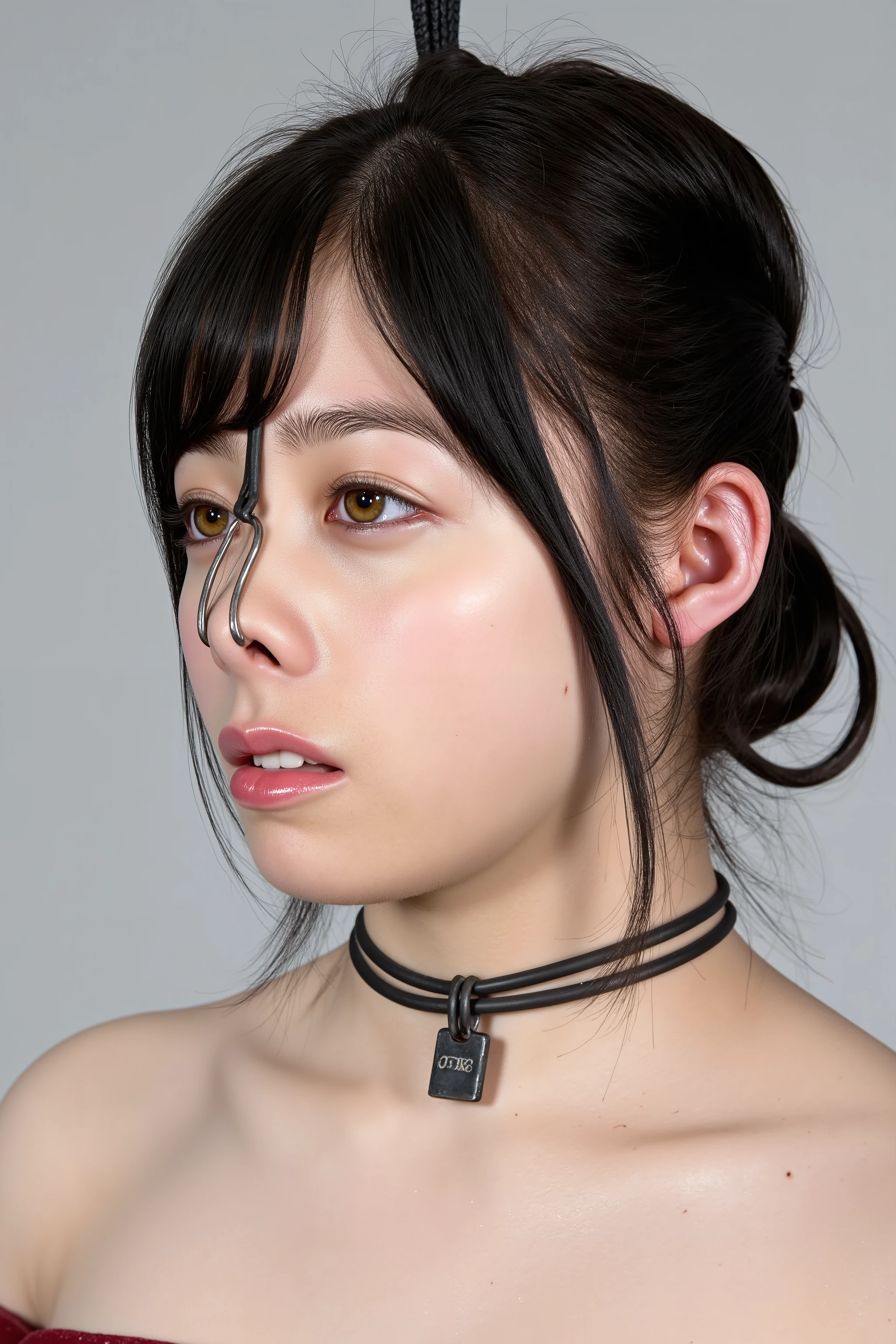 A high resolution photograph of a Japanese adult woman, masterpiece, photo-realistic, natural lighting, film grain, portrait, fashion shoot, solo, 1girl, off-shoulder dress, black hair with bangs, detailed face, detailed eyes, sophisticated nose, pale skin, fine-textured skin, full smile, dimple on cheek, (pet-collar with tag, nose hook with chain wrapped around top of her head, nose hook makes her nose look like a pig snout, hooking in her nostrils:1.5), (profile, side view, view from below, facing up, chin-up, face focus:1.4), close-up of face, simple background,,