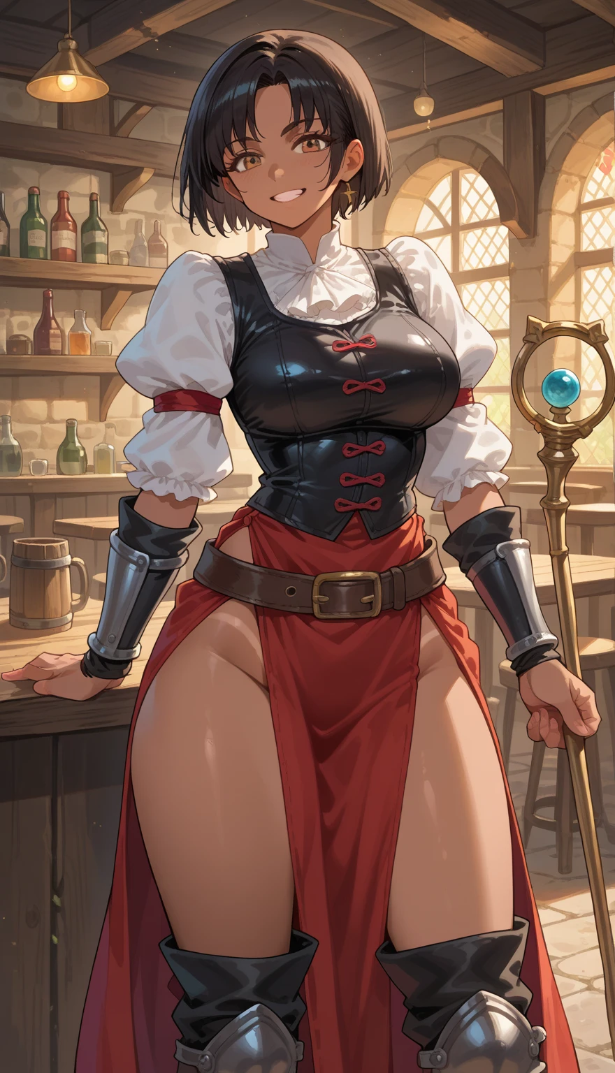 (fantasy:1.5),(anime,8k,masterpiece, top quality, best quality,beautiful and aesthetic:1.2,professional illustrasion:1.1,ultra detail:1.3,perfect lighting),extremely detailed,highest detailed,incredibly absurdres , highres, ultra detailed,intricate:1.6,(Alchemy Workshop:1.4),A girl mixing,Medicine in many small bottles,holding small potion,colorful:1.4,zentangle,(1girl),(girl),(Three kingdoms female warload),(highly detailed beautiful face and eyes,firm breasts),oily skin,(black,hair,short bob with short pony tail hair)),thin pubic hair,cute,lovely,34 years old,alchemist costume,Merchant's Clothing,smile,in the kitchen,smile,seductive smiling,(with sparkling eyes and a contagious smile), Looking at Viewer,
