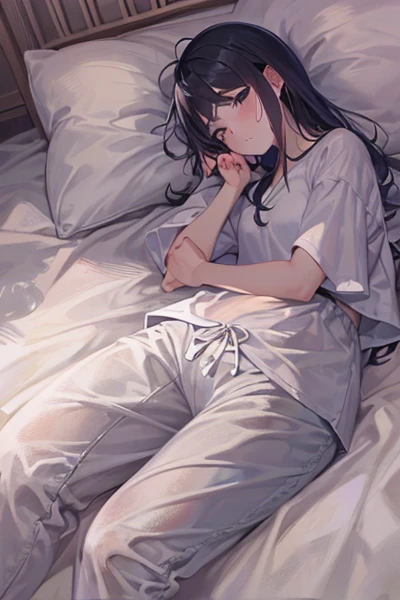 naked shirt,<lora:naked_shirt_v1.0:0.8>, indoors,on bed, closed eyes, from side,on side,full body, lying,, masterpiece, best quality, high contrast,