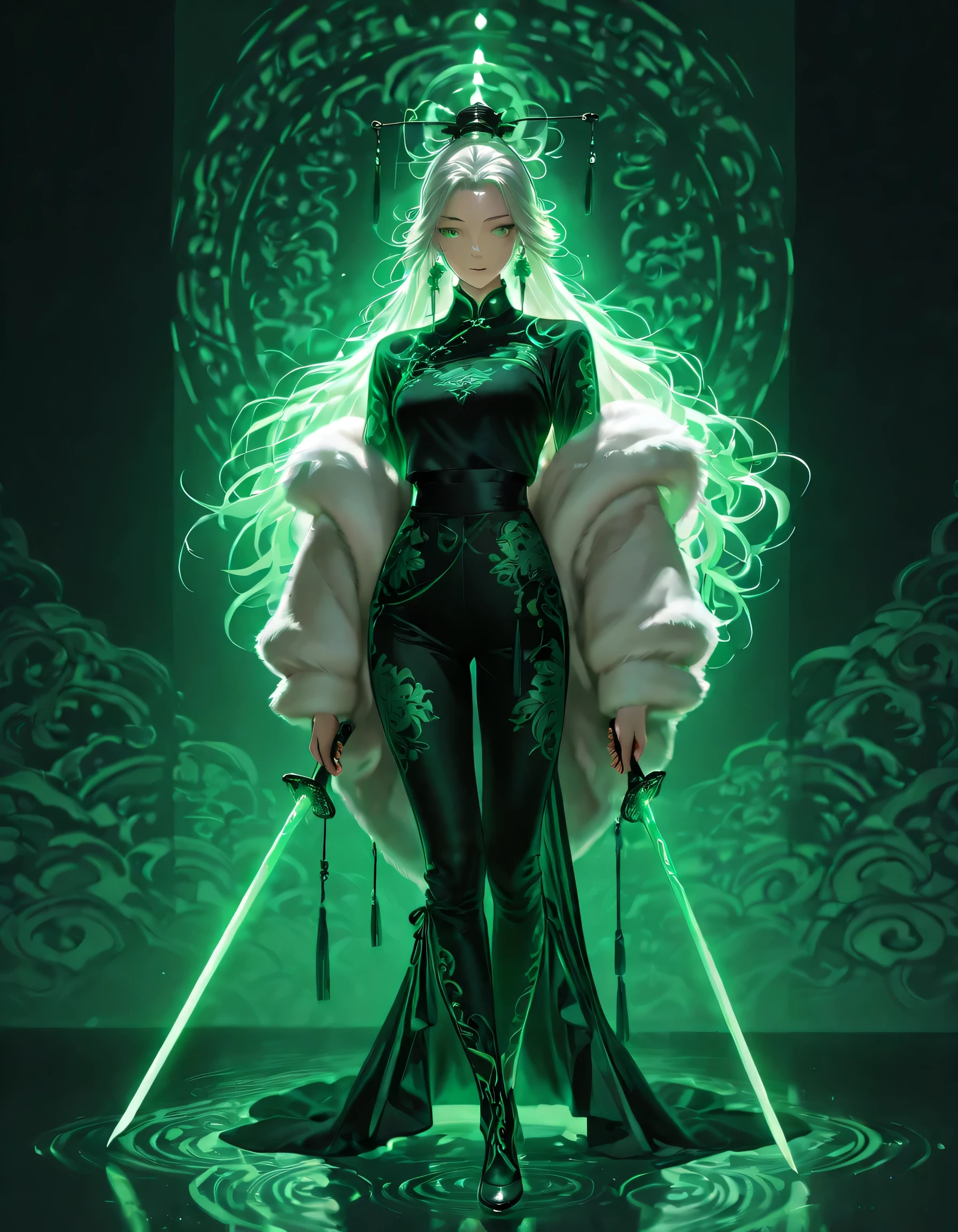 Create a 3D image of a full length (one girl) in a fur coat, reminiscent of 19th century Chinese painting and engraving styles. The coat is elegantly drawn with intricate patterns and colors of blue, green, and white. A softly glowing lighting energy covers the entire scene, highlighting the silhouette of the girl and creating a dramatic effect. The girl holds a long Chinese sword, adorned with ornate details. Emphasize the contrast between the modern and traditional styles, as if captured at the moment the lighting energy peaks. Use rich colors and textures to enhance the overall quality.