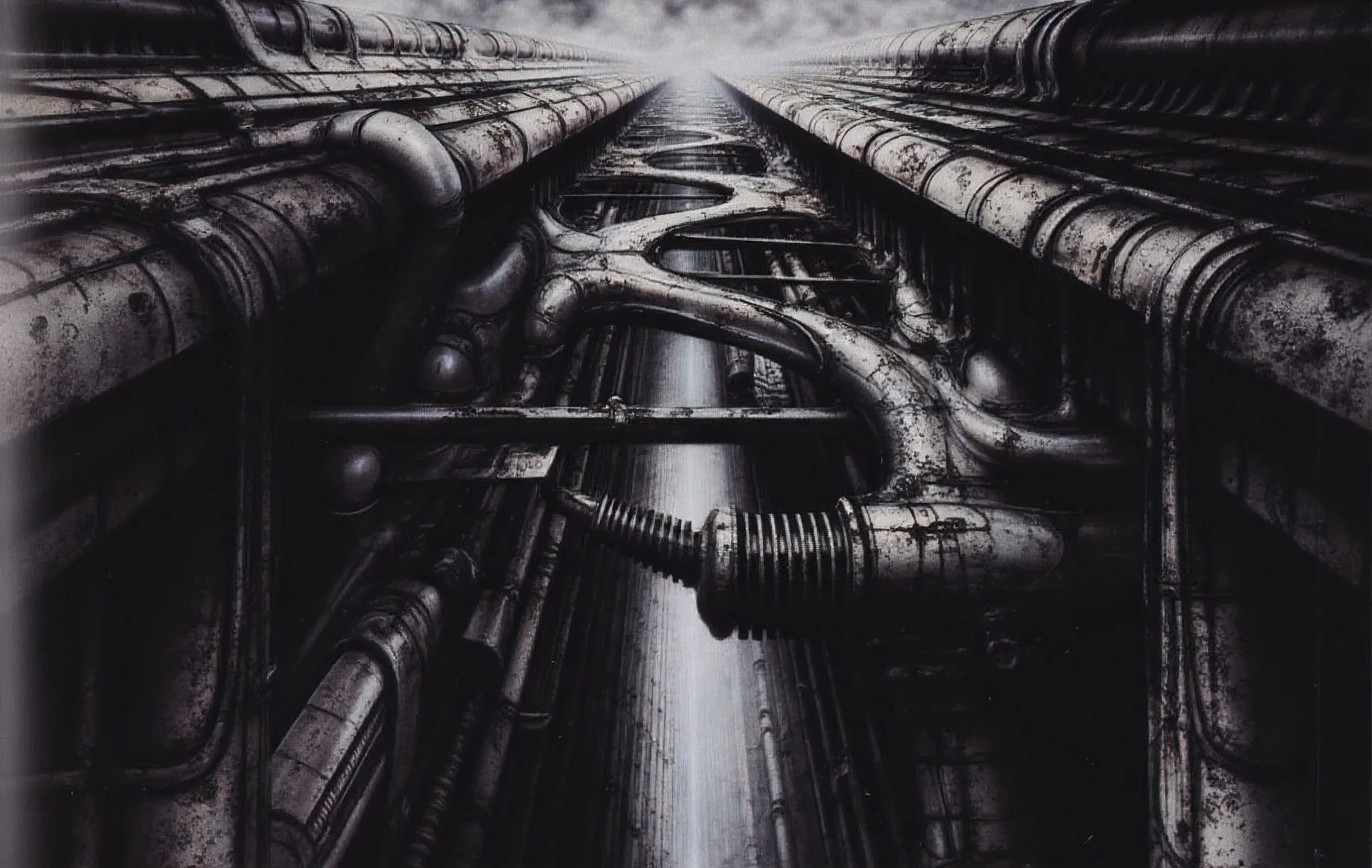 Generate a highly detailed image meticulously recreating the specific biomechanical artwork , focusing on its unique composition, atmosphere, and intricate textures in the style of H.R. Giger.
Composition and Geometry -
Pay strict attention to the original artwork's proportions and the geometry of its dominant structural "power lines." Accurately render the heavy, intersecting diagonal beams , the strong vertical columns, and the complex network of interwoven pipes and conduits that create overlapping layers and depth. Maintain the feeling of immense scale and verticality.
Atmosphere and Lighting -
Depict the scene within a confined, oppressive, and subtly dusty or hazy industrial interior space. Implement extreme high-contrast chiaroscuro lighting. Simulate harsh, directional light (as if from upper left or specific point sources) raking across surfaces, creating sharp, specular highlights on edges and textures while plunging crevices, undercuts, and background layers into deep, impenetrable shadow. Emphasize the dramatic contrast between brightly lit facets and surrounding darkness, capturing the reference's stark B&W or desaturated cool-toned look.
Textures and Details -
All surfaces must feature meticulous, integrated mechanistic and biomechanical texturing, avoiding any smooth or simplistic areas. Explicitly incorporate the following specific texture patterns, making them integral to the structure's forms -
Dense Arrays of Parallel Ribbed Conduits - Fine, tightly packed, parallel lines/tubes (Reference - `parallel_ribbed_conduits_texture`).
Interlocking Segmented Chains - Mechanical vertebrae or articulated joint patterns (Reference - `segmented_chain_texture`).
Directional Lines and Curves: The lines and curves of the tubes, pipes, and organic shapes guide the viewer's eye through the composition.
Use DARK BLACK COLORS, symmetrical, perfect, allegory of sin,evil, darkness, big painting, stored in Louvre