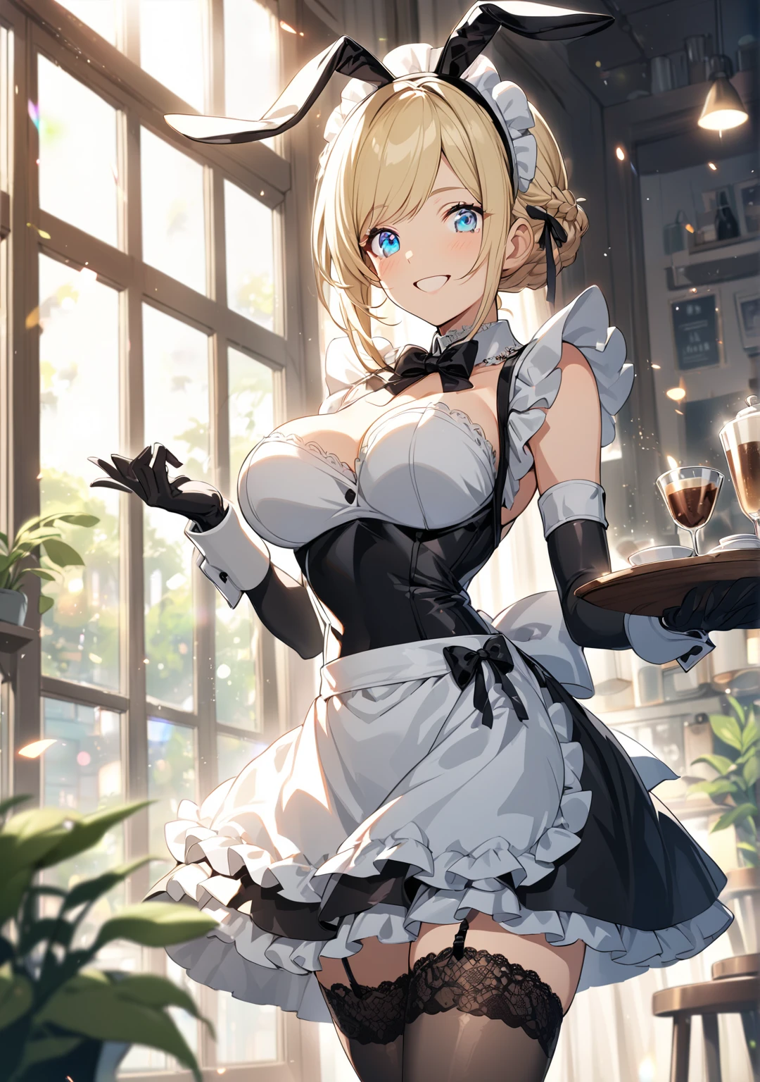 score_9, score_8_up, score_7_up, source_anime, rating:general, masterpiece, best quality, 1girl, leaning forward, smile, bangs, breasts, maid headdress, maid, frills, latex dress, shinny, black dress, detached collar, puffy short sleeves, wrist cuffs, apron, white thighhighs, wavy short hair, blonde hair, looking at viewer,