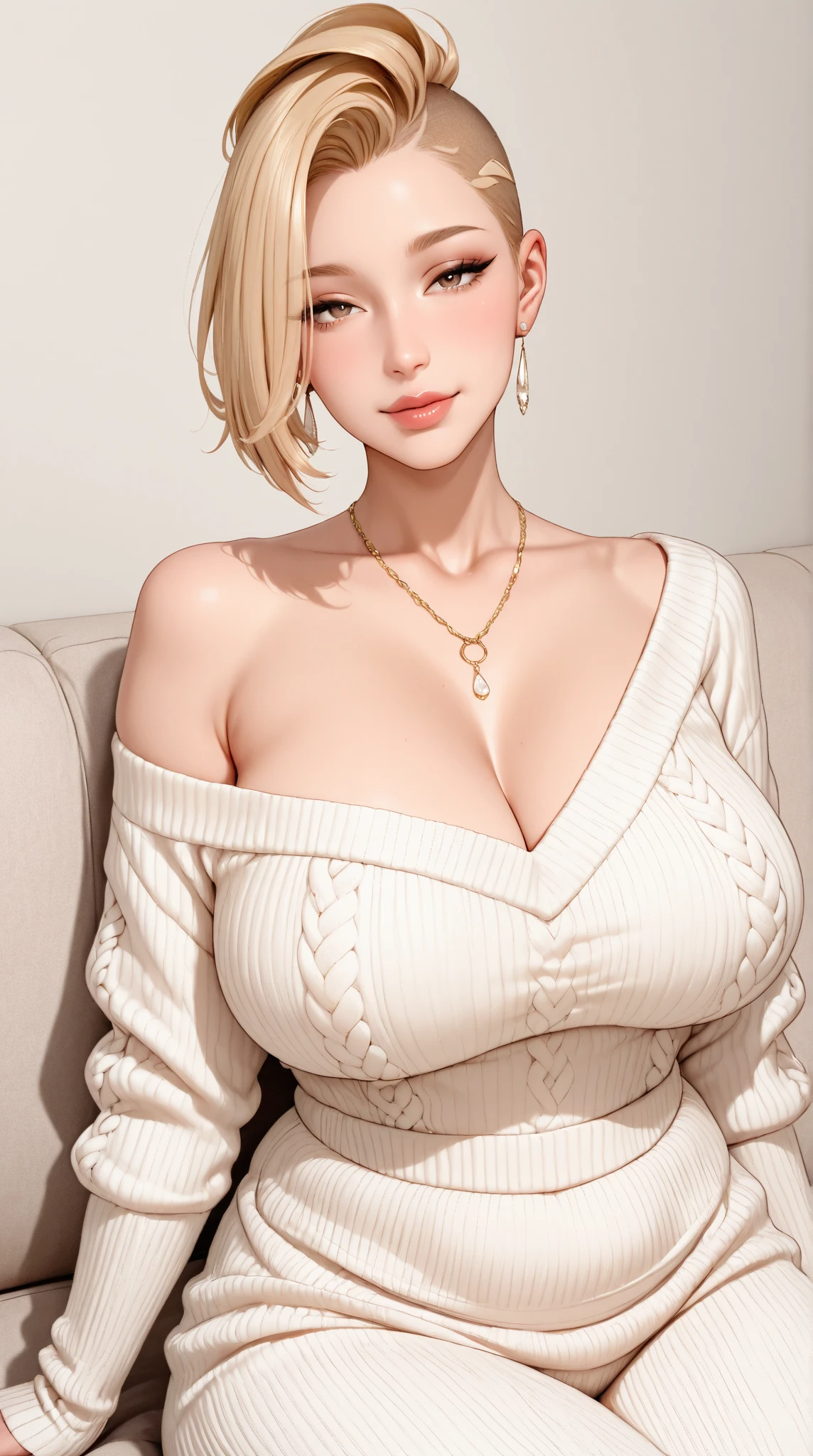 (masterpiece,best quality,ultra detailed,8k),(lascivious woman,lascivious beauty,voluptuous female,milf,mature female,vulgar female,sexy female,curvy,large breasts,nasty face,erotic face,perfect face,balanced face,big eyes,glistening skin,long eyelashes,seductive eyes,pulled lips,seductive mouth,sexually excited expression,sweat:1.5,perfect body),(blonde short bobcut hair),(orgasm:1.5,blush:1.5),(sweater micro dress,off shoulder)
