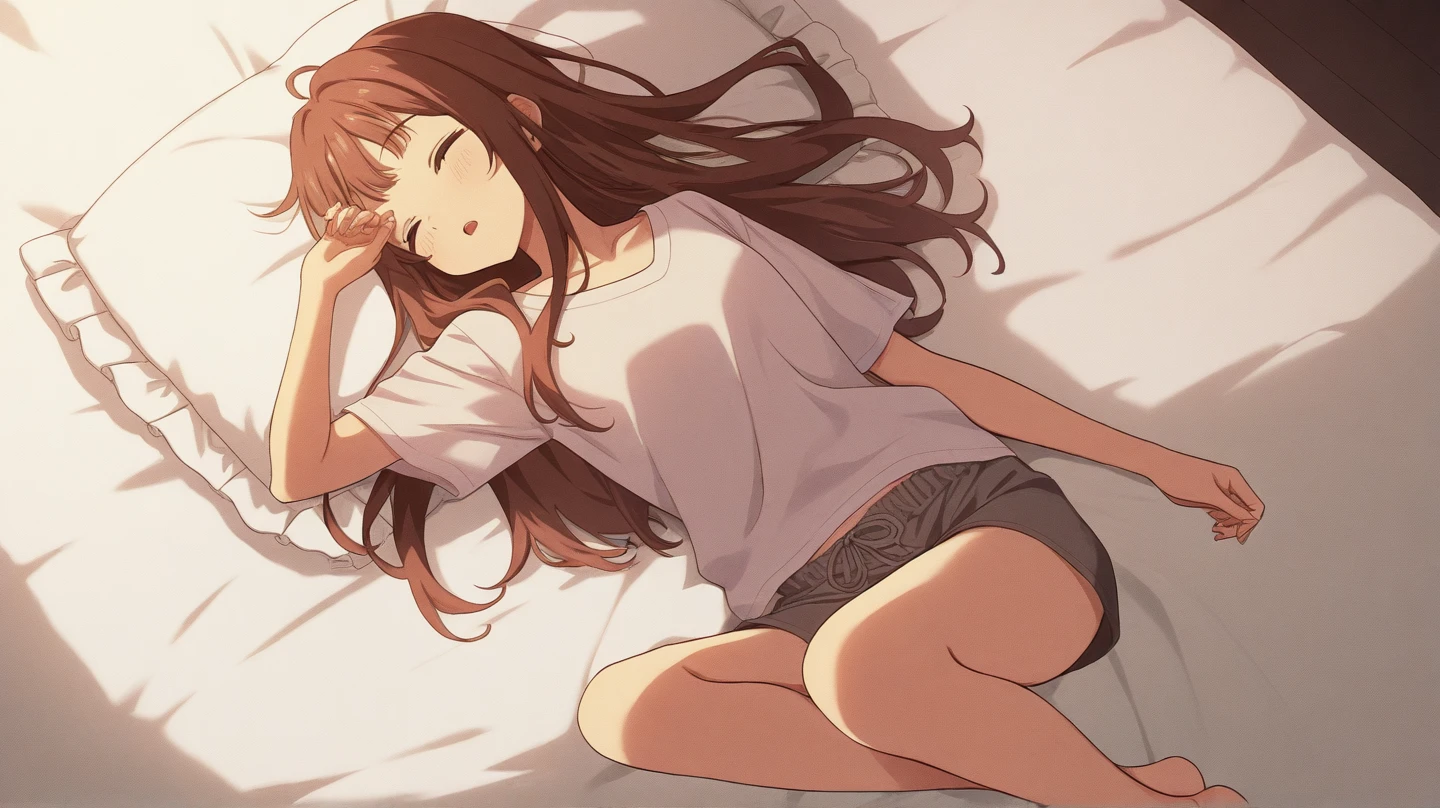 A beautiful sister in the second dimension,shorts,No shoes,Lying on the bed