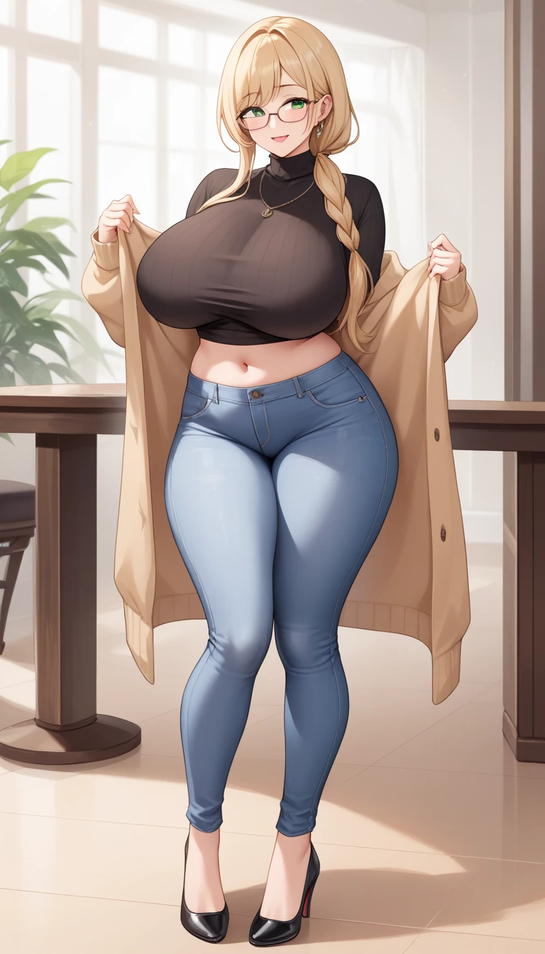 (high waist denim shorts with sweater), (Average breasts, perfect waist breast), firm breasts, slim waist, curvy figure, sonia, Short bob style hair, strip bangs, curly hot blonder hair, farm, shy smile, In front of a cafeteria, blue eyes