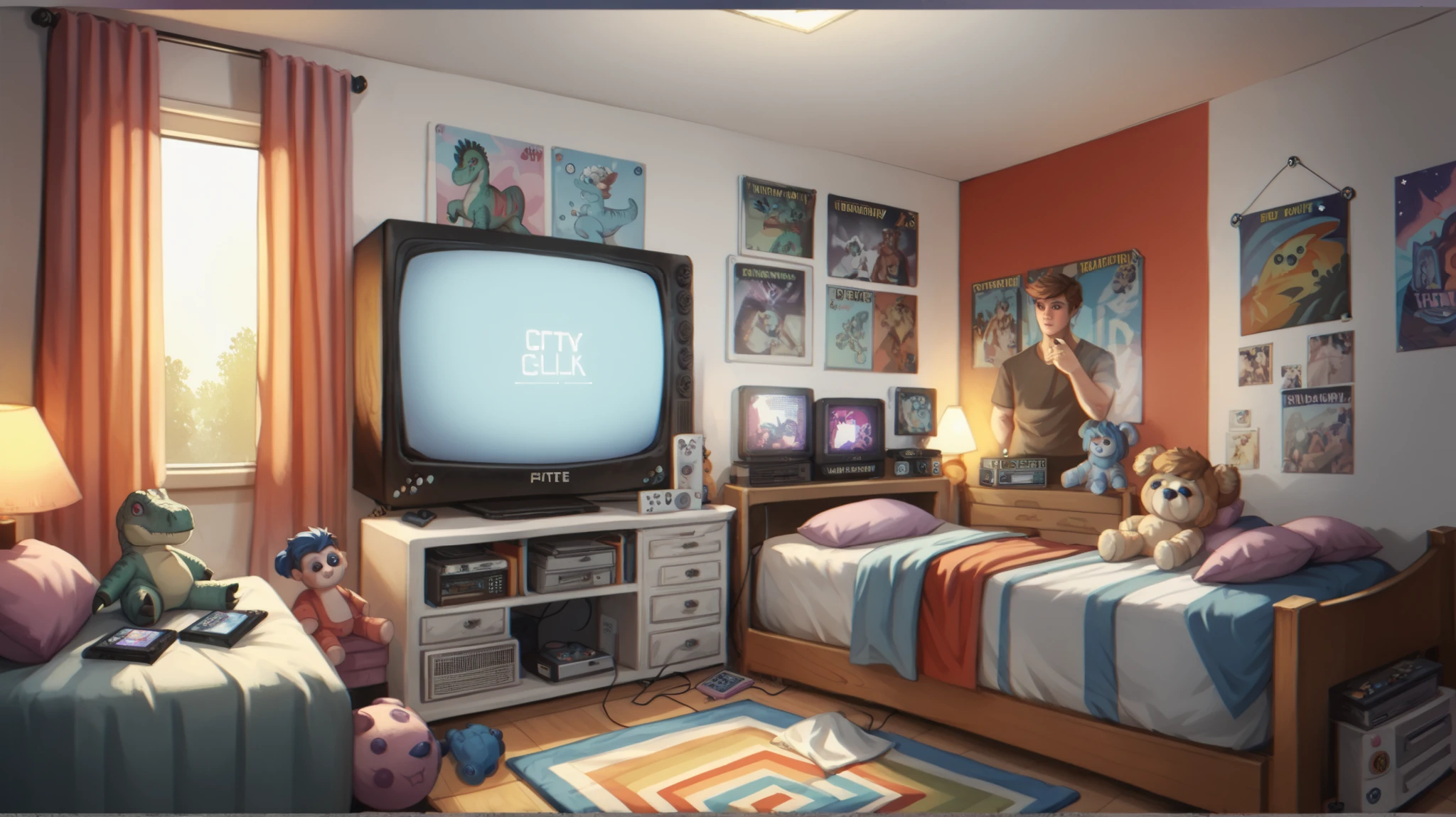 2000s boy bedroom, crt tv, dinosaur toys, focus on the TV on the drawer, big square old tv, cozy bedroom, vhs effect, game loft, ps2 console