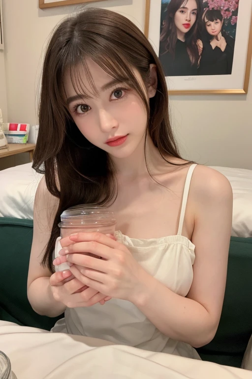 Busty beauty drinking a glass of pink drink,Correct hand position,Keep your clothes from revealing too much