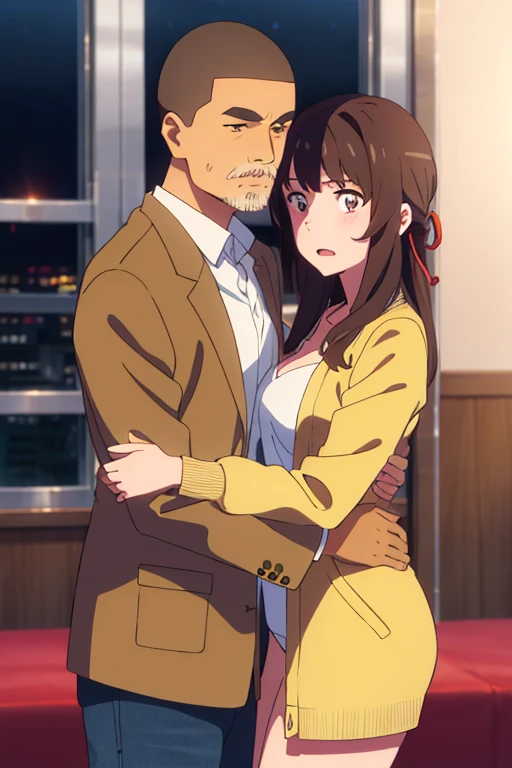 shinkai makoto, kimi no na wa., middle aged man, buzzcut, nude, muscular, wrinkles, mustache, middle aged man breast grab girl breast,breastgrope from behind, middle aged man is hugging from behind, lick face, 1girl, bangs, black hair, brown eyes, open mouth, Twisted Half Up, red ribbon, long hair, long sleeve light yellow cardigan, open shirt, yellow shirt, cleavage, breast, medium breast, Orange shirt, orange jeans, night, indoors, mall, masterpiece, perfect anatomy, cowboyshot, 