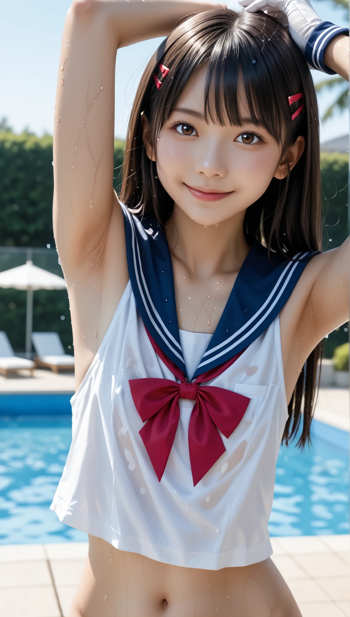  wet single Japanese elementary school girl 、masterpiece 、  top quality 、  ultra high definition、 realistic、 dim sunset sunset 、  RAW photos 、4K Ultra HD、1080P、 oily skin、 brown eyes、 black hair、 wet straight hair 、yellow headband ,  hair clip、 beautifully manicured hair 、smile、 selfie、 break (((  flat chest without bulging、  beautiful model armpit close-up  、Focus on the chest ,  focus clearly on armpits)))、 break (((Close-up chest)))、 break ((( focus on beautiful armpits )))、 break (((Wet sailor collar , sailor red ribbon、sailor cuffs、White Gloves、No pants)))、((Sunset sky 、Outdoor Pool、 blur background))、(((Five fingers)))、((( anatomically correct))),頭から太ももまでの画像