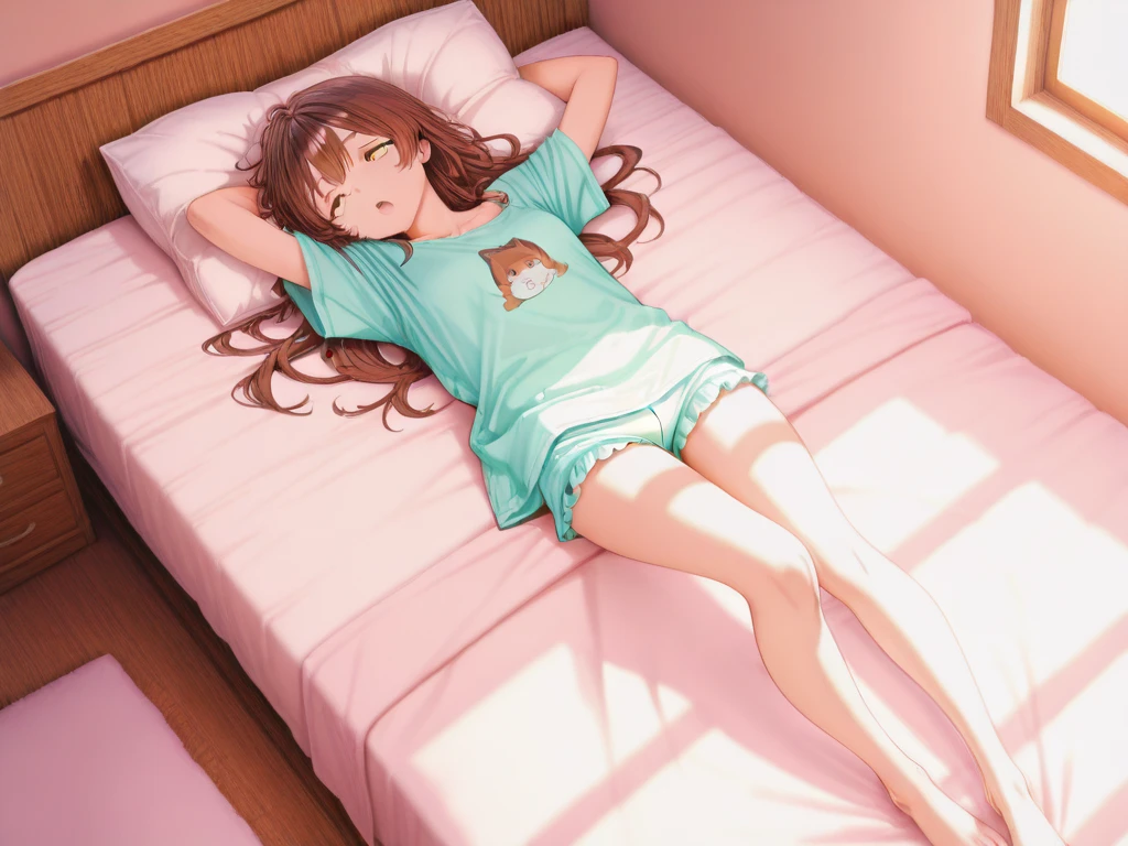 Big curly hair, lying in bed, masturbating, having orgasm, hugging a bear Plush, Dolphin shorts, pajamas with drawings,Having an orgasm,wer pussy,One hand hugging the teddy bear and the other masturbating,Lying on your side,Focus cameltoe