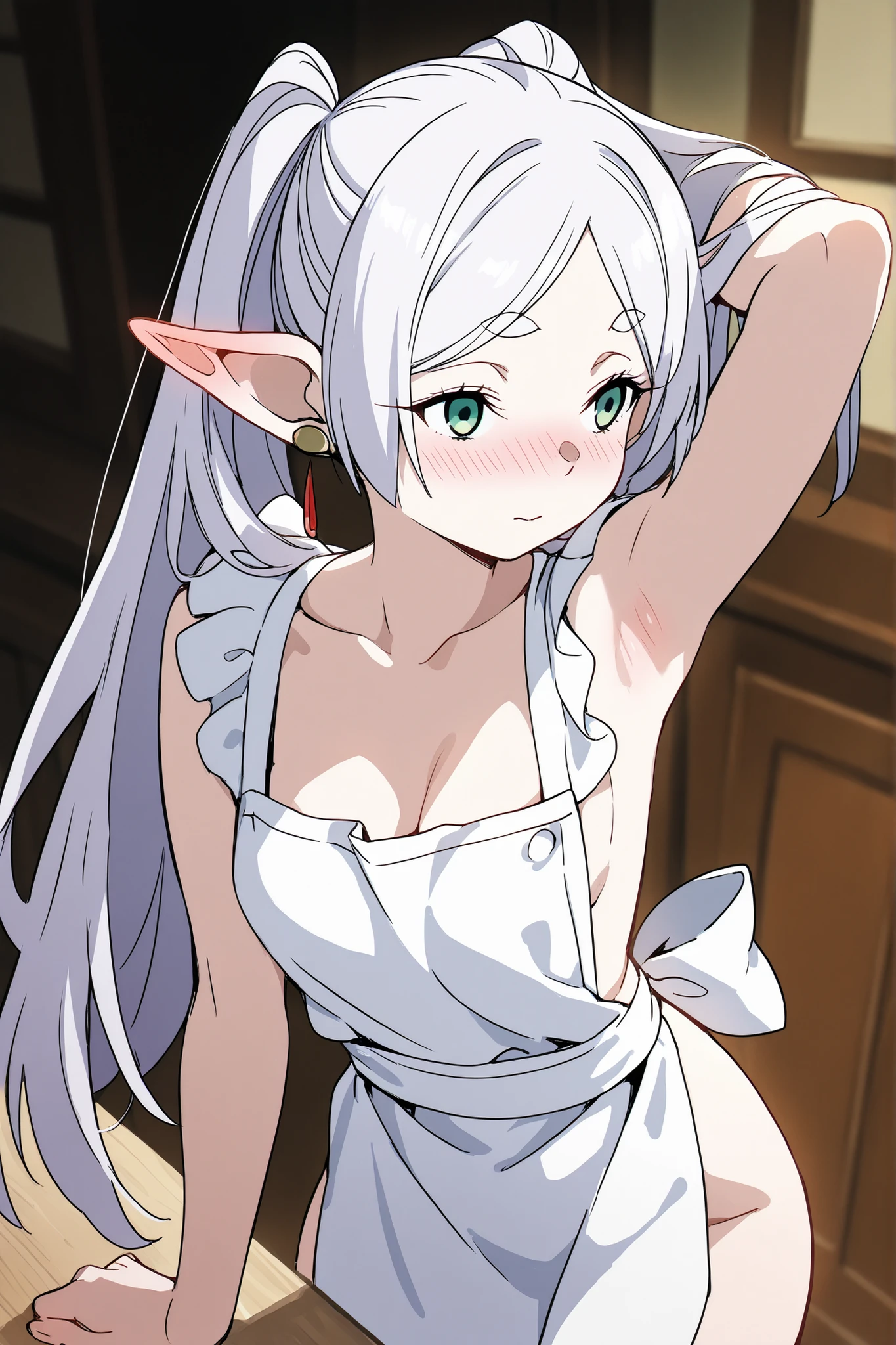 Lora: Frieren bending down small only apron apron in paint colors shy expression white hair naked green eyes litter cleavage tiny blushing bright red shy expression indoor atmosphere side rising her both hand armpit