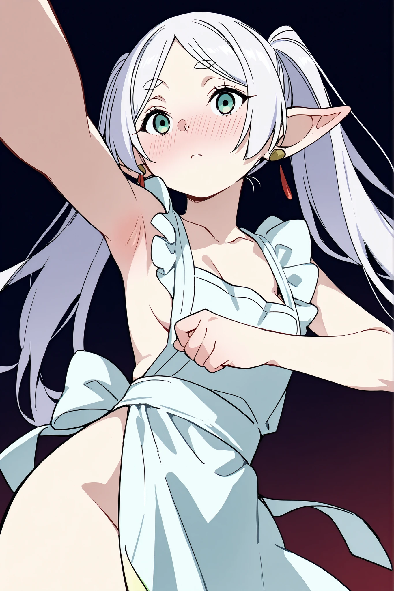 Lora: Frieren        bending down            small         only apron        apron in paint colors     shy expression          white hair     naked       green eyes        litter cleavage              tiny         blushing bright red          shy expression          indoor atmosphere     side       rising her both hand      armpit 
