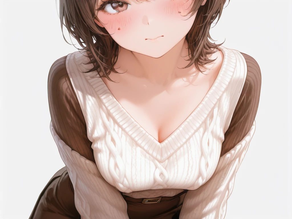 realisticlying、 a 18 year old girl(((Grasp your breasts with both hands)))、((give a big yawn))、Wearing a red sweater、Breasts enlarged、A slight smil、Sexy Posing、I'm sweating、Redness of cheeks、Short Wave Hair、Bedrooms、sexly