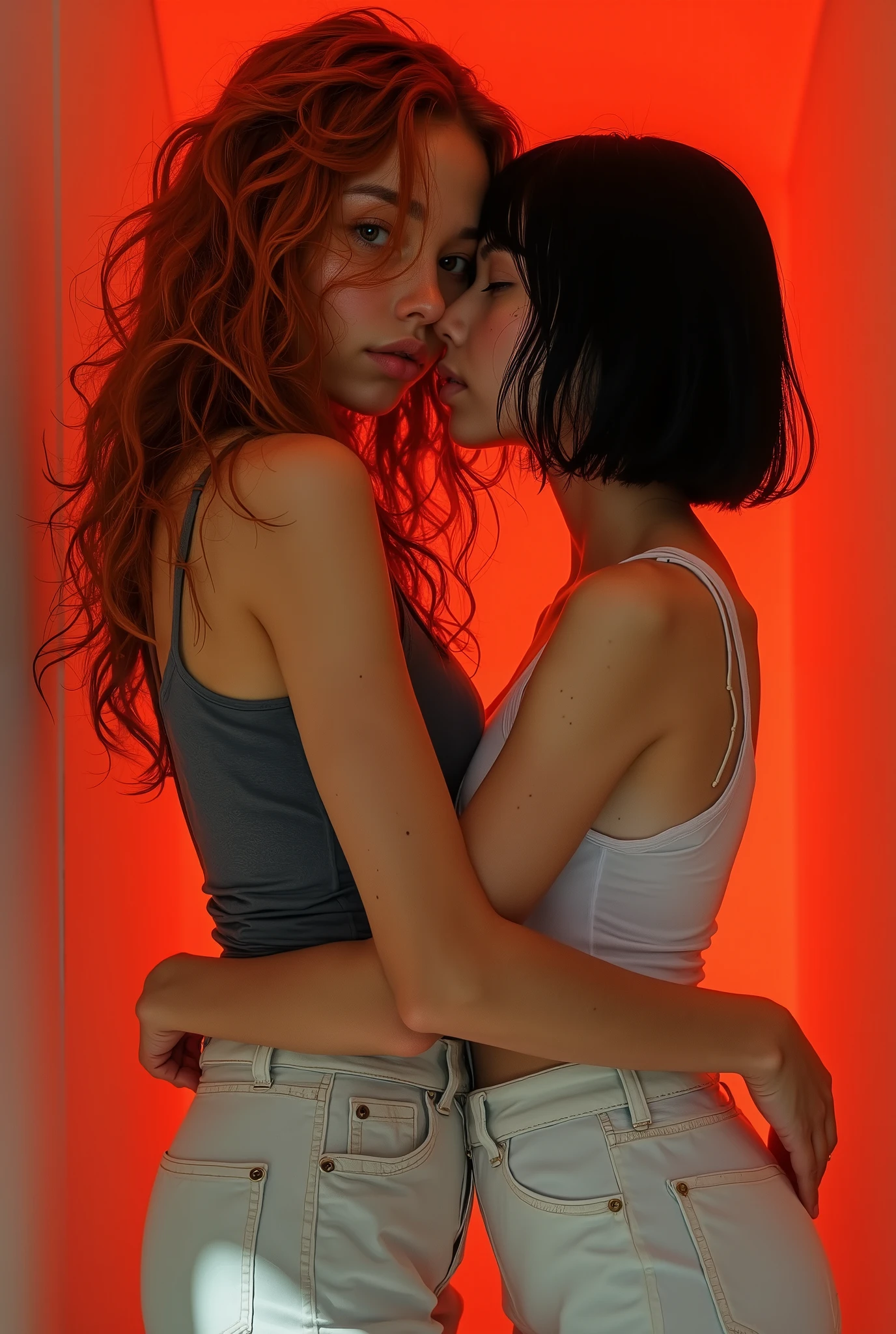 Intimate Poses , long curly red hair and short black hair, gray tank top、white shorts next to a white tank top, Indoor studio,  Bold Red Background ,  Soft Lighting , casual atmosphere, close-up shot, Central Composition 