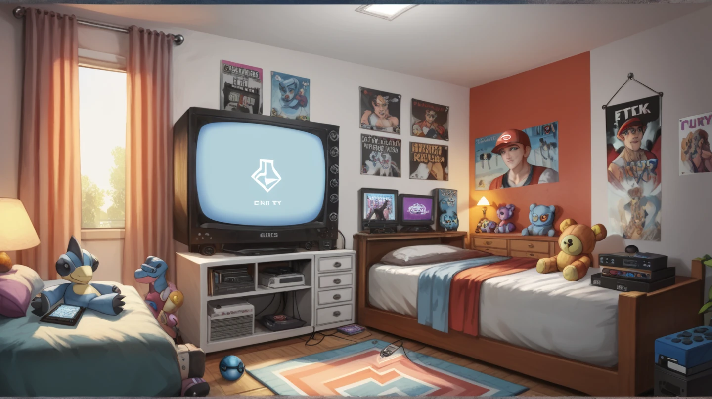 2000s boy bedroom, crt tv, dinosaur toys, focus on the TV on the drawer, big square old tv, cozy bedroom, vhs effect, game loft, ps2 console, posters, wired ps2 dualshock joystick on the floor, ps2 consile standing on the floor under tv, music CD disks on the carpet, pokemon plushies