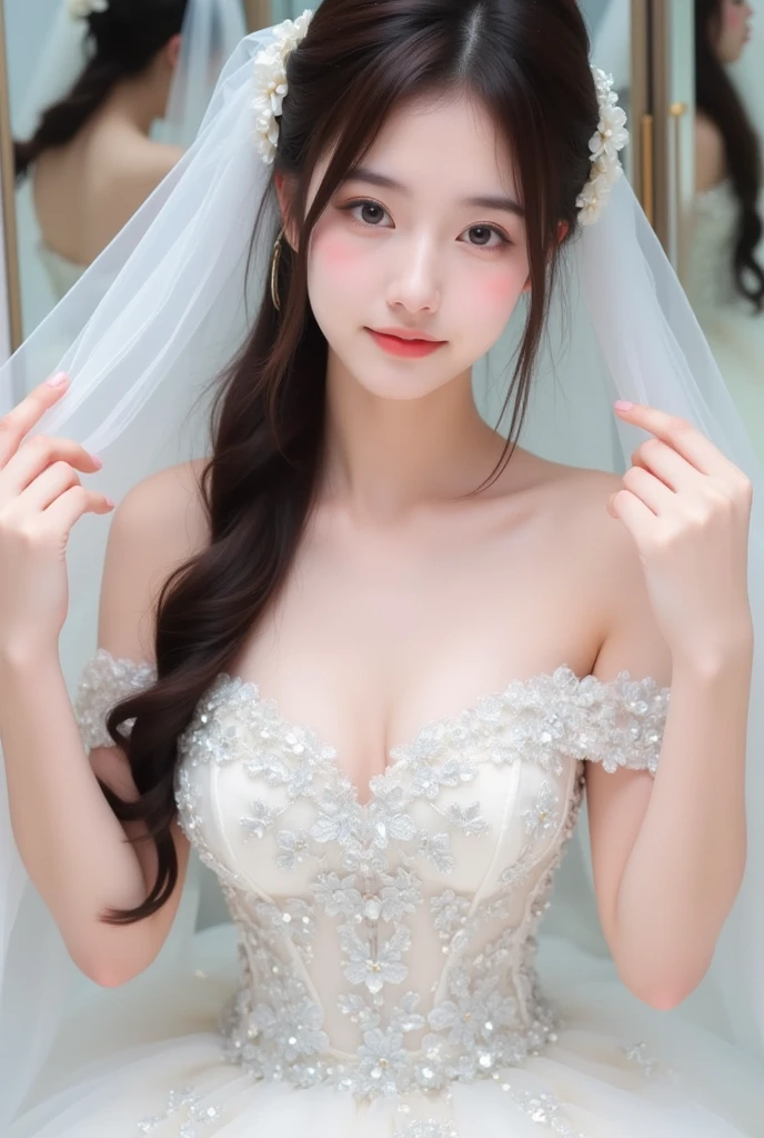Random posture、(extremely delicate and beautiful work)、(​masterpiece)、One girl、Highly detailed and elegant（（Wedding Dresses））、tiarra、A highly detailed、Warped ponytail、A smile、Beautiful and clear eyes、Green pupil、delicate necklaces、Delicate earrings、Simple blurry background、Description of extreme details、Beautiful fece、A charming、delicated face、Delicate figure、Beautiful breasts、thin clavicle、Beautiful lips、mix4、(8K、Raw photography、top-quality、​masterpiece:1.2),1girl in,Cute,Cityscape, , Wetty, Professional Lighting, physically-based renderingt, full body Esbian、the most beautiful in the world、乃木坂アイドル、韓国アイドル、hposing Gravure Idol、女優、