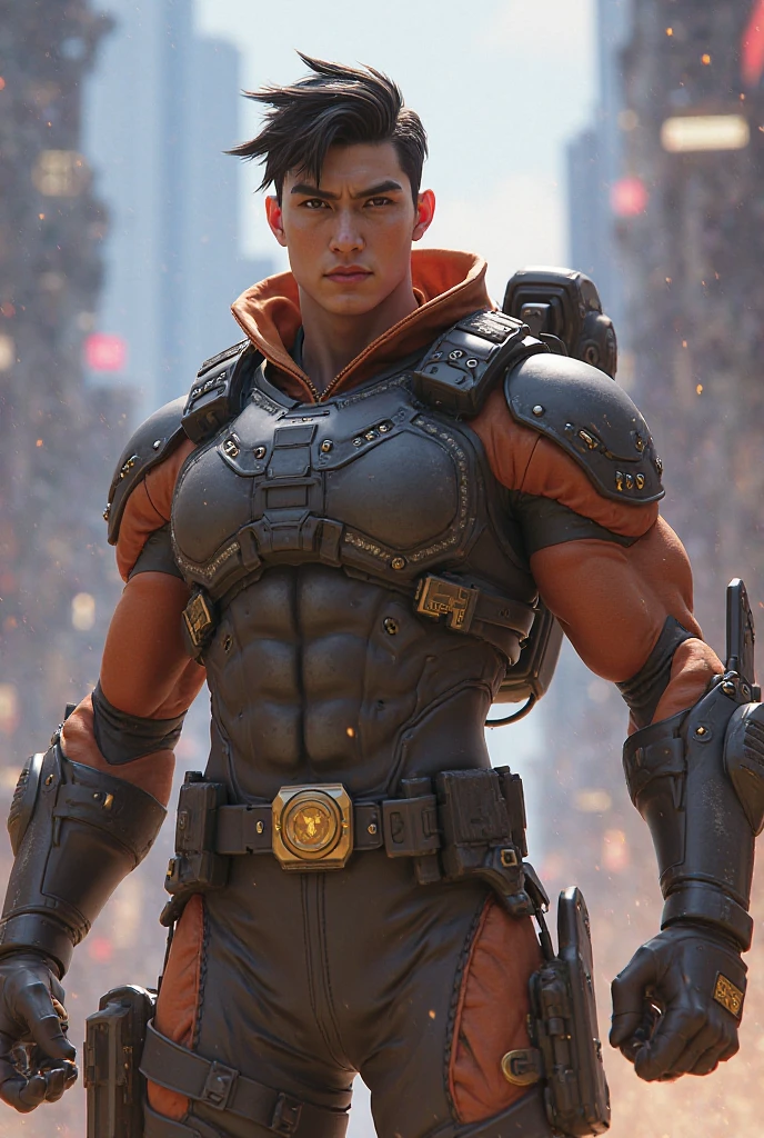 a man with a sleek yet tactical armored leather military trench coat, flat masculine chest, mechanical mecha knight head with a narrow visor, sleek and revealing armor plated under suit with waist cut outs, beautifully engraved upper arm and shoulder armor, androgynous charm with slim yet heavily muscled physique, sylphlike with a sleek waist, toned yet beautifully sleek cybernetic arms and mechanical arms and legs, mecha muscles, brass metal armor and brown leather, dieselpunk, best quality, 4k, 8k, highres, masterpiece, ultra-detailed, realistic, photorealistic, photo-realistic, HDR, UHD, studio lighting, ultra-fine painting, sharp focus, physically-based rendering, extreme detail description, professional, vivid colors, bokeh, portraits, concept art