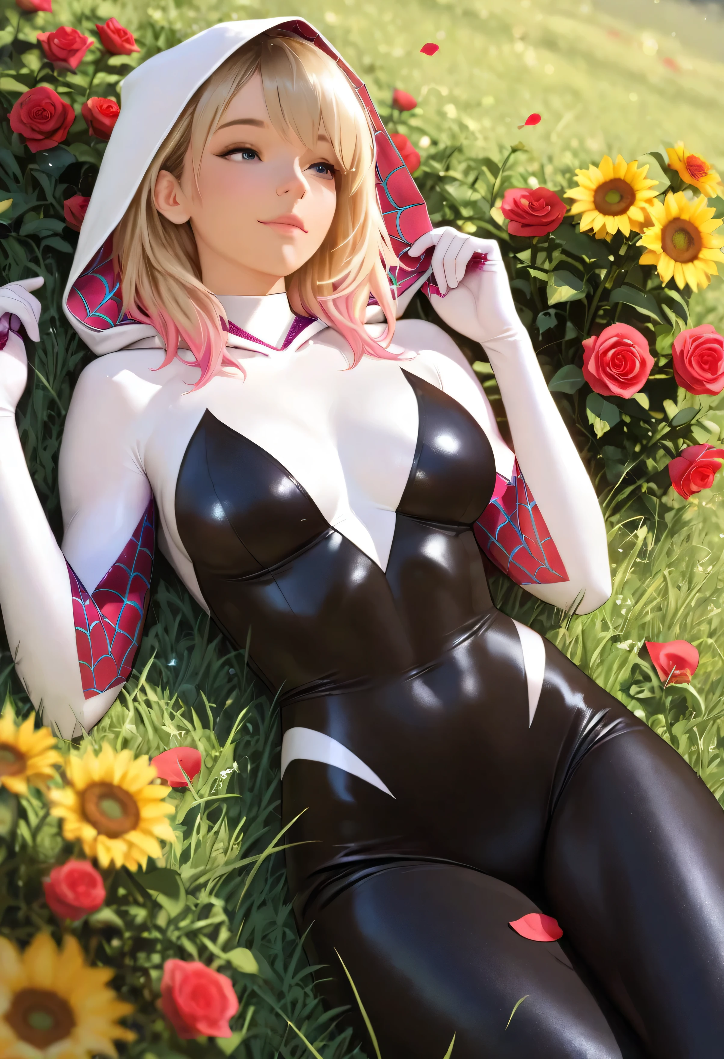 Realistic Gwen Stacy in her Spider-Woman (Spider-Gwen) costume, laying on her back in a lush green garden, soft grass beneath her, surrounded by blooming roses and tall sunflowers, her hood partially off revealing her blonde hair, sunlight casting soft highlights on her suit, petals gently scattered around her, peaceful expression as she gazes at the sky, photorealistic detail on costume textures and fabric folds, cinematic lighting, dreamy and serene atmosphere, shallow depth of field, realistic natural setting