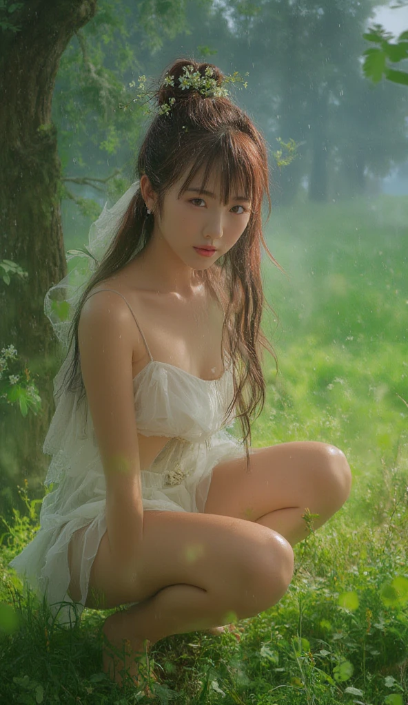 ((Very cute girl walking on all fours、White silk extreme microstring、Wearing a loincloth with white silk string、In the forest))、((Wearing a sheer white silk open shirt:1.5))、((FULL BODYSHOT))、(highlydetailed skin:1.2)、 (Pubic hair shows through:1.5), (Chest exposed:1.5), (Exposed back:1.5), (Shoulders exposed:1.1), (revealing crotch:1.5), a picture, masterpiece, top-quality, Gorgeous blonde hair、Gorgeous earrings、Gorgeous Necklaces、hyperdetailed face、A detailed eye、