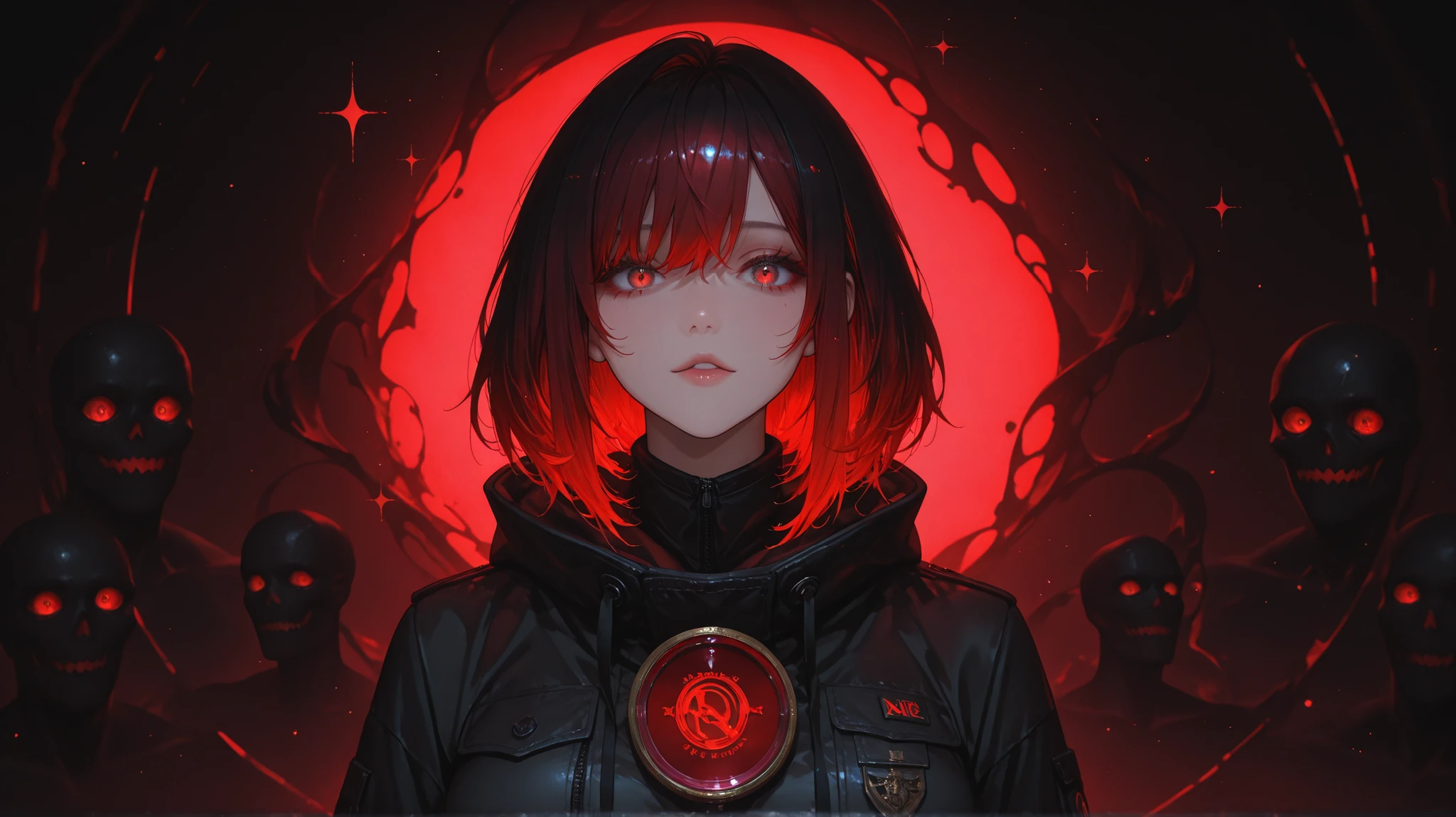 {{Chief'Artwork}}, 最High Quality, background'very detailed Unity 8kCG display, Cinematic Lighting, sparkle, 美しくdetailed eyes, Noir, One hit'Sideways glance, multColored hair, Colored light, particle, heterochromia, (Colored:1.5), (Colored hair:1.5),masterpiece, 最 High Quality , High Quality ,( invisible to the eye , It has dark red light and red eyes ,Surrounded by darkness :1.2), Abstraction, Miserable, Award-Winning Photos, depth of field, HD, very well detailed, popular at Art Station, trend , complicated , High Detail, (from head to waist, upper body ), detailed face , detailed eyes , more , Neon red eyes , ( Viewer ), (Standing still),