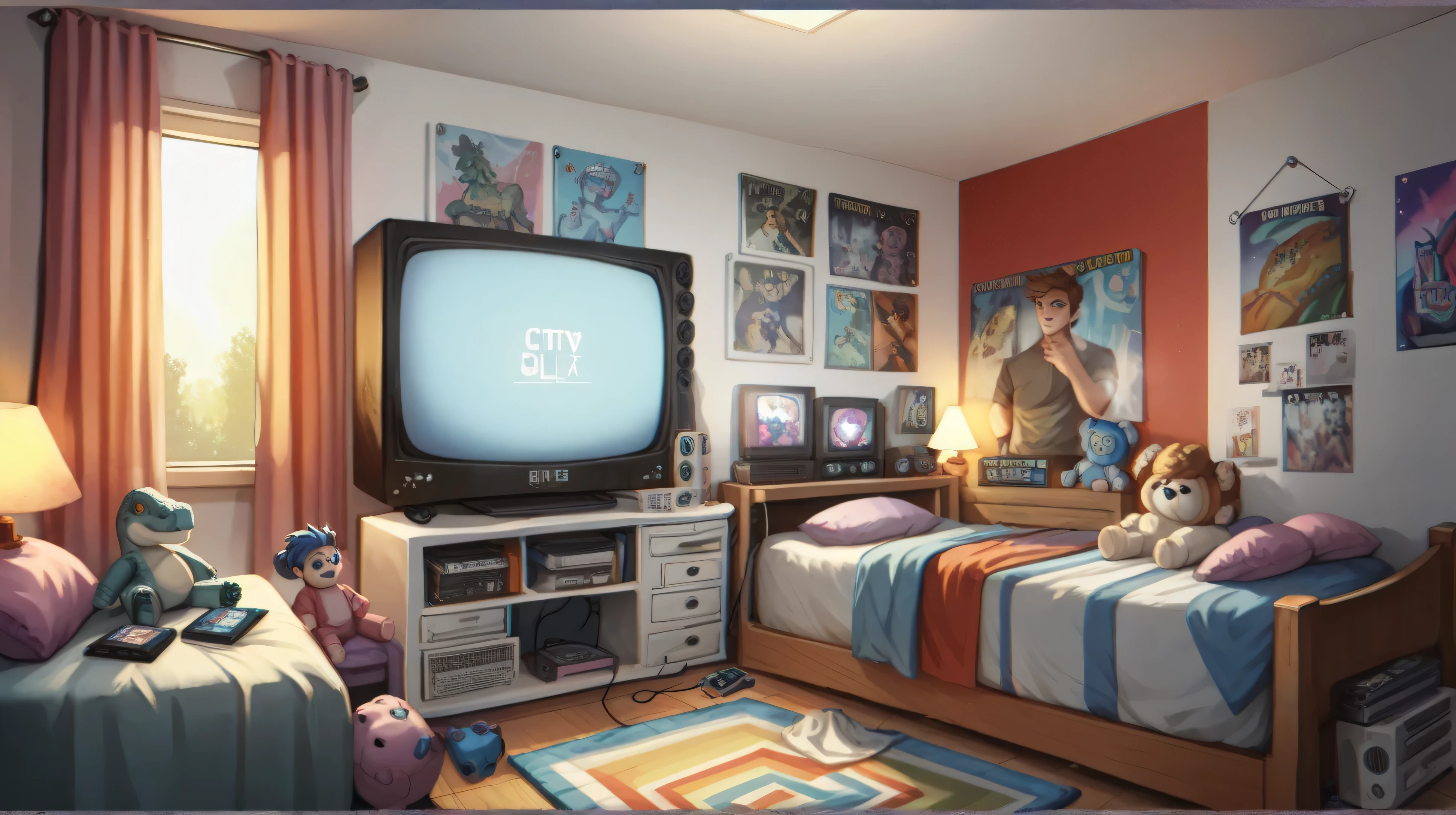 2000s boy bedroom, crt tv, dinosaur toys, focus on the TV on the drawer, big square old tv, cozy bedroom, vhs effect, game loft, ps2 console