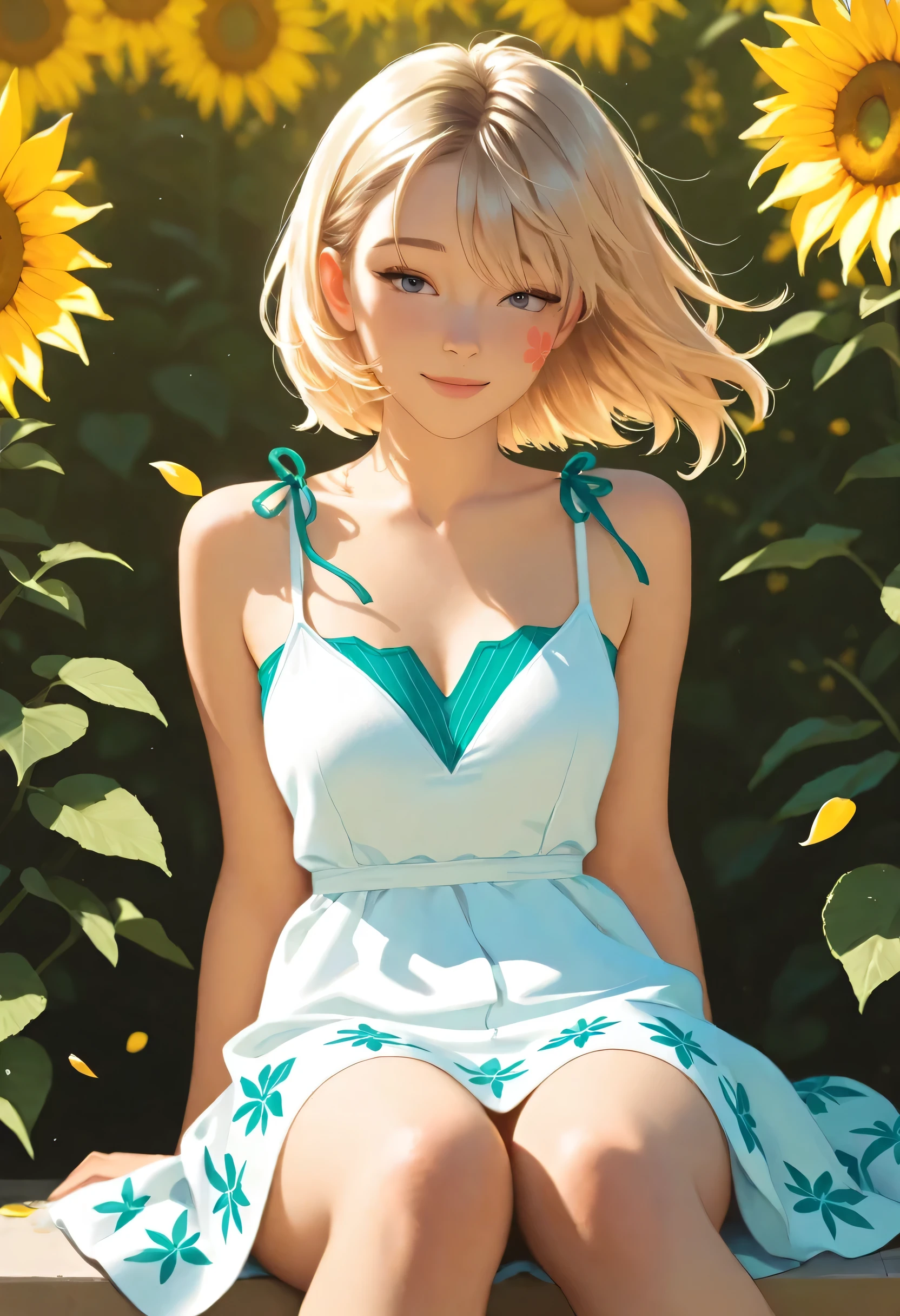 Realistic Gwen Stacy sitting gracefully in a vibrant summer garden, surrounded by blooming roses and towering sunflowers, wearing a light floral sundress gently flowing in the breeze, soft golden sunlight filtering through the leaves, detailed textures on petals and foliage, a warm and peaceful atmosphere, delicate shadows cast by the flowers, cinematic depth of field, photorealistic skin and hair detail, natural colors and lighting, serene expression on her face, soft wind tousling her blonde hair