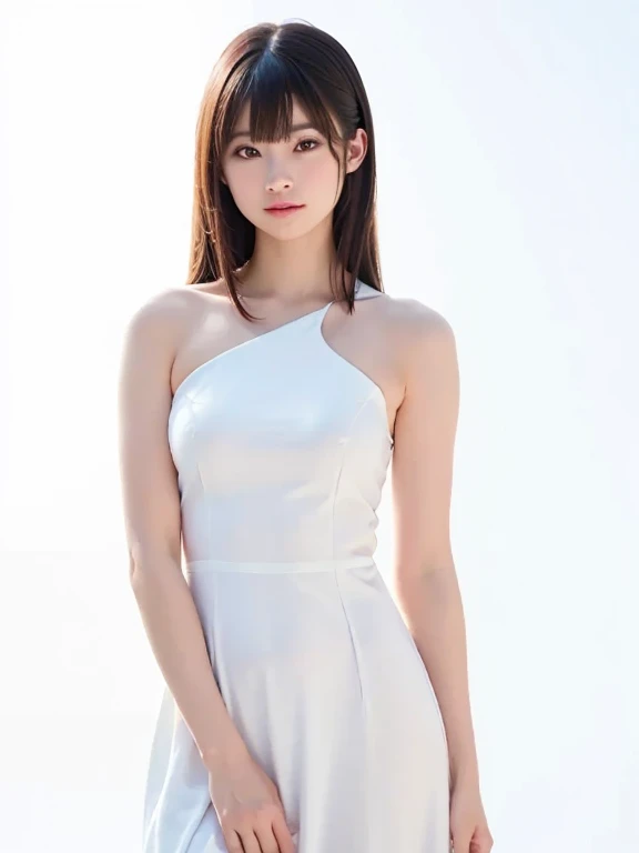top-quality, Photorealsitic, 8K, hight resolution, 1girl in, femele, (Skindentation), (portlate:0.6), a gorgeous, ((White background, Glossy leotard, small tits:1.72)), ((Short straight hair, partedbangs:1.7)), Look at viewers, (1girl inの目を見る視聴者:1.6), Photorealsitic, (bokeh dof), (a smile, Mouth closed:1.3), a gorgeous, pureerosface_v1:1,、facing front、The upper part of the body、ID photo style、nipple erect